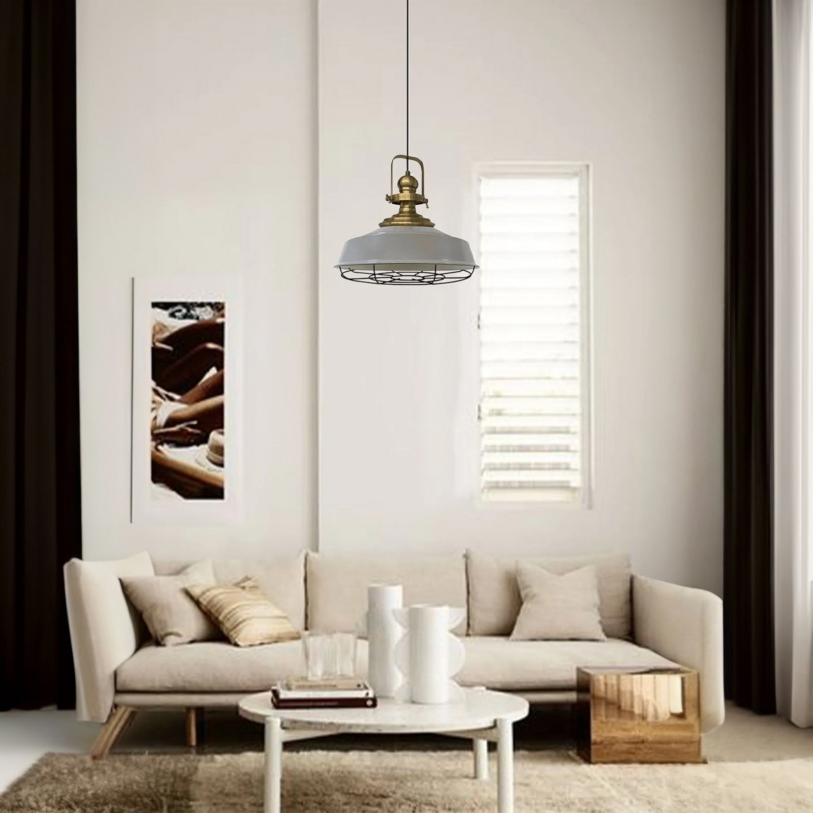 Suspension Astel, gris, Ø 41 cm, métal, détail laiton vieilli