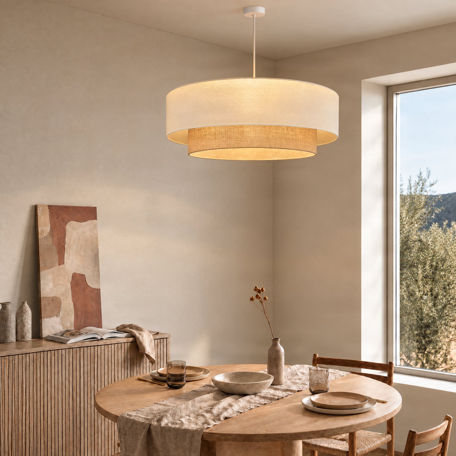 Lampa wisząca Boho, beżowa/juta, Ø 80 cm, tkanina, E27