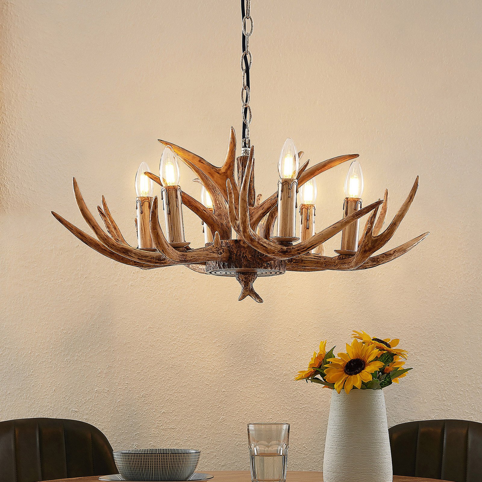 Lampă suspendată Lindby Tejask Ø 70 cm 6 becuri coarne E14 - Camera de zi / sufragerie - Casă de țară / Rustic - maro - Plastic