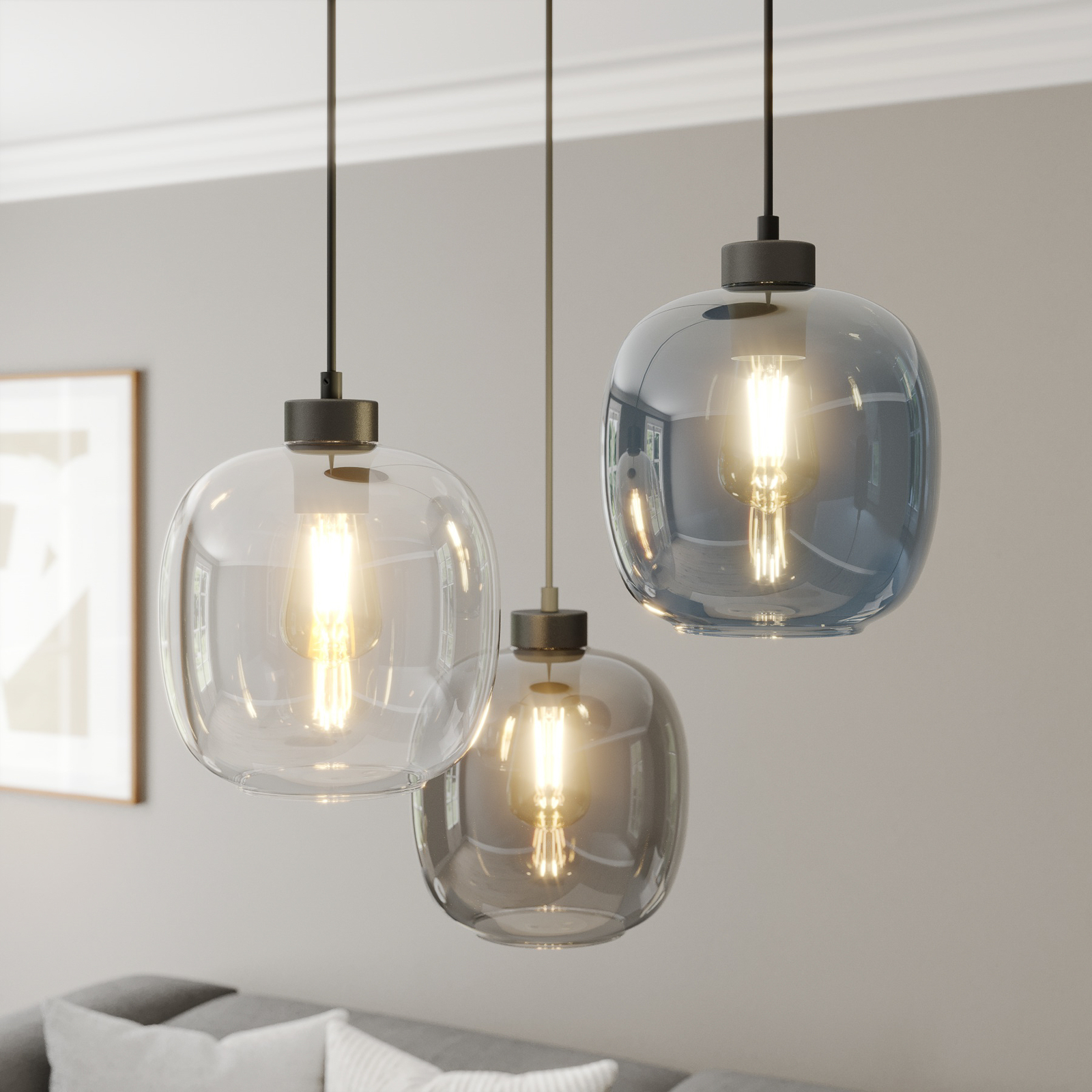 Elio hanglamp, Glas, blauw/helder/grijs, 3-lamps, rond