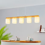 Suspension Castralvo, longueur 115 cm, bois/blanc, 5 lampes, tissu