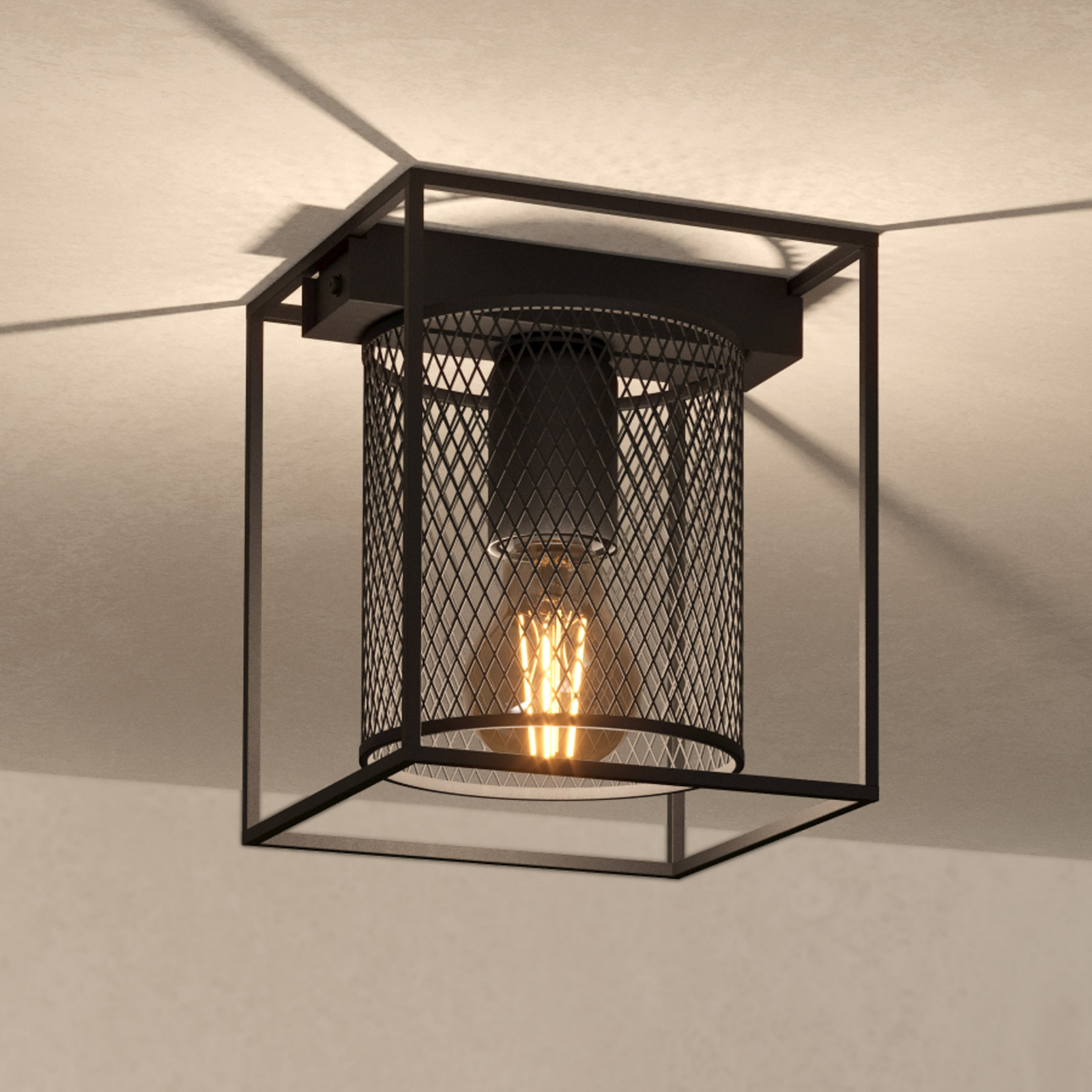 Catterick ceiling light, black, cage lampshade