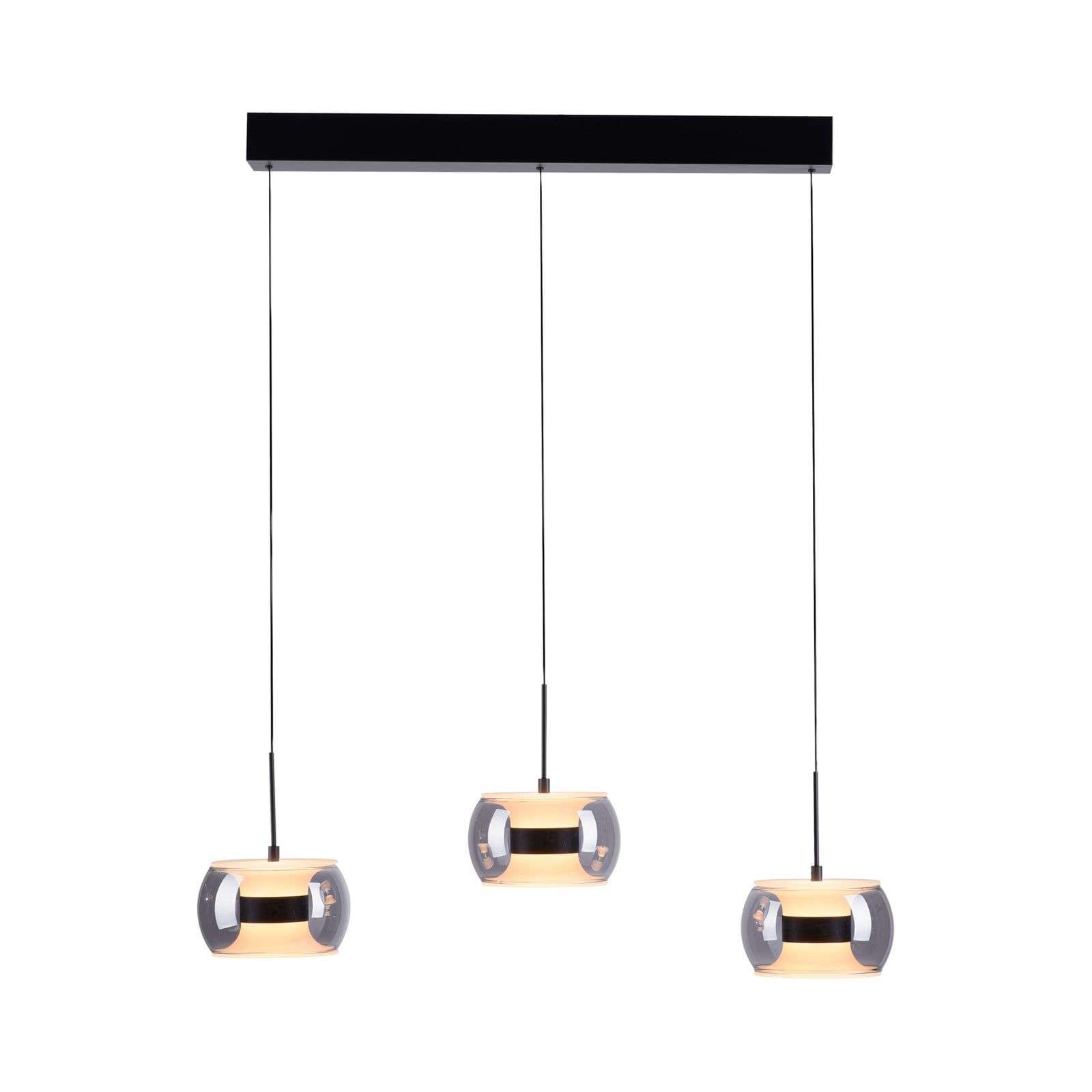 LED-hengelampe Fumea, lengde 71 cm, svart/røykfarget glass, CCT, 3 lyskilder
