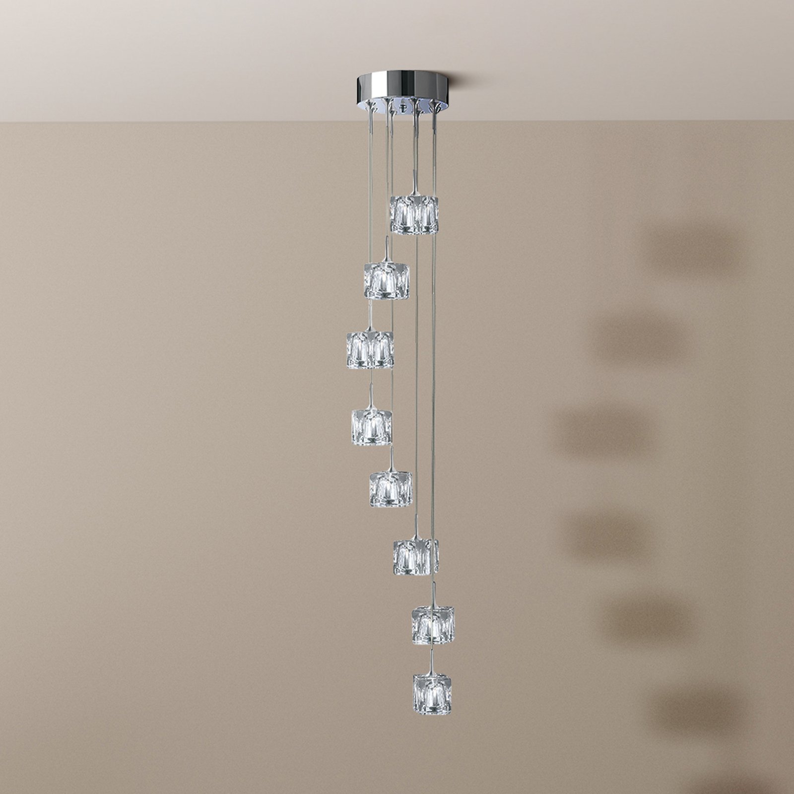 Ice Cube LED pendant light, 8-bulb, chrome, crystal glass