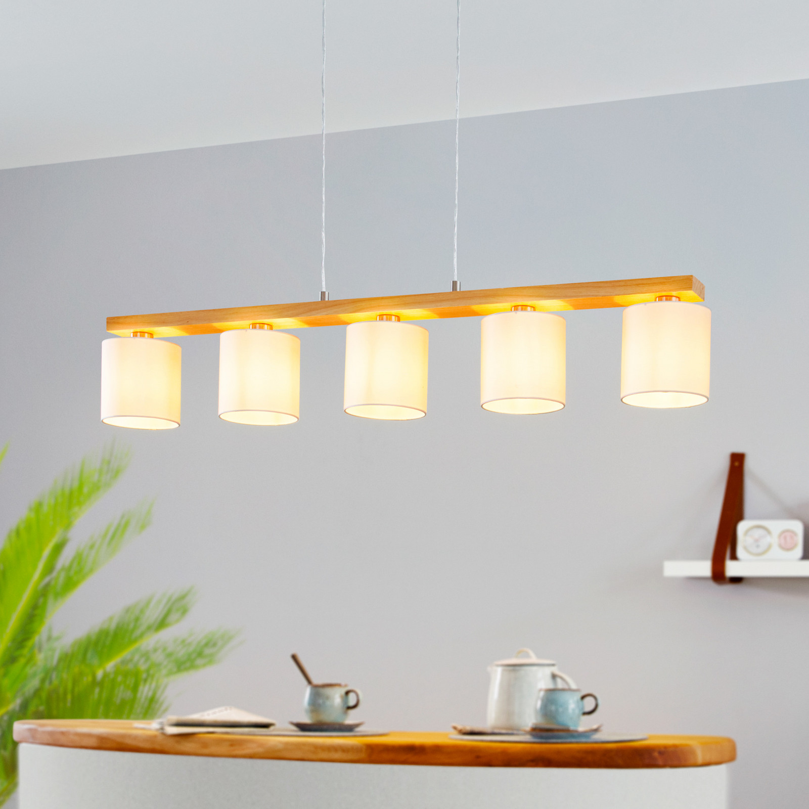 EGLO Castralvo lampă suspendată lungime 115 cm lemn/alb 5 lumini material - Camera de zi / sufragerie - modern - alb lemn deschis - Țesătură / Textil