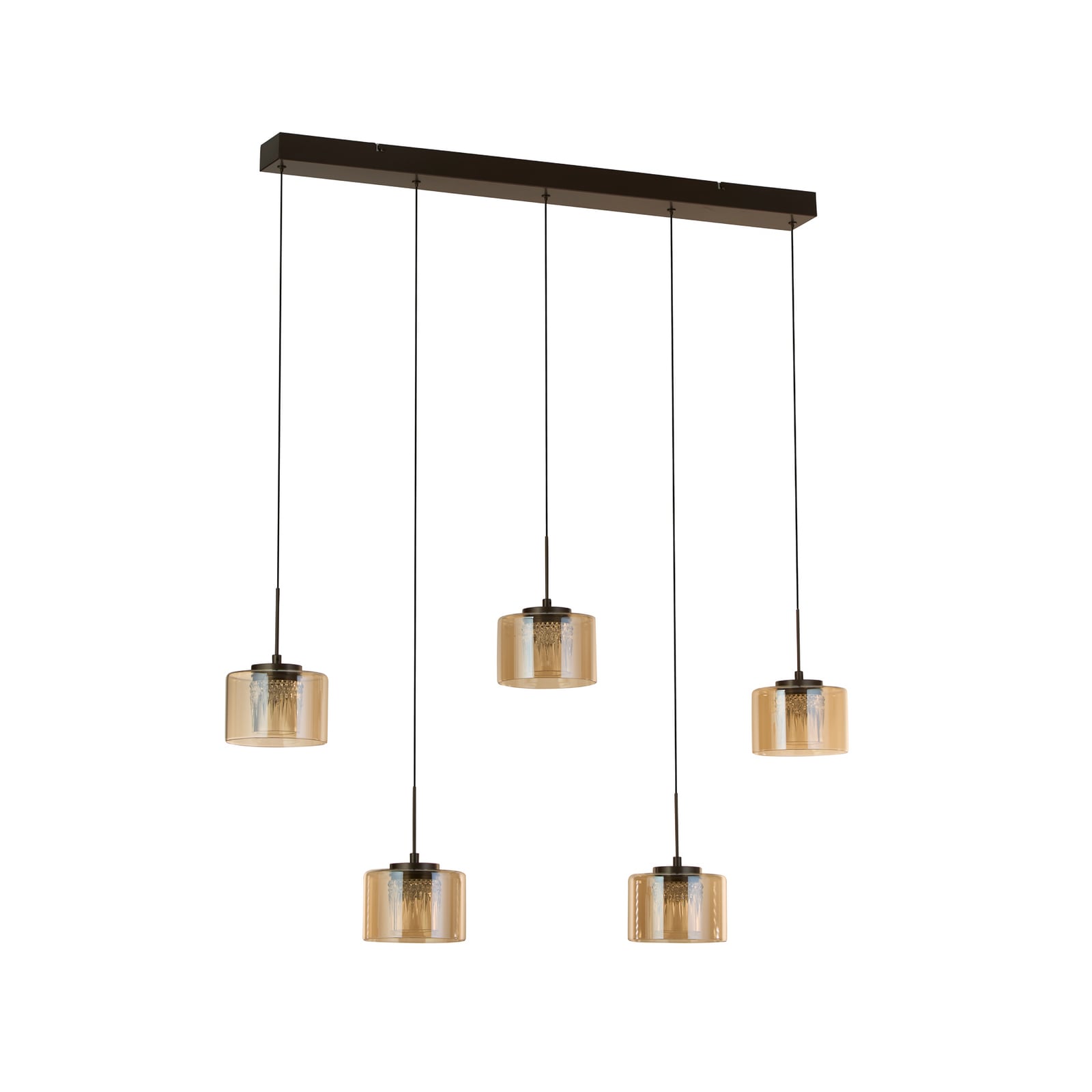 LED-Hängeleuchte Tumblers, 5-fl. lang, bronze, Glas, 3.000 K