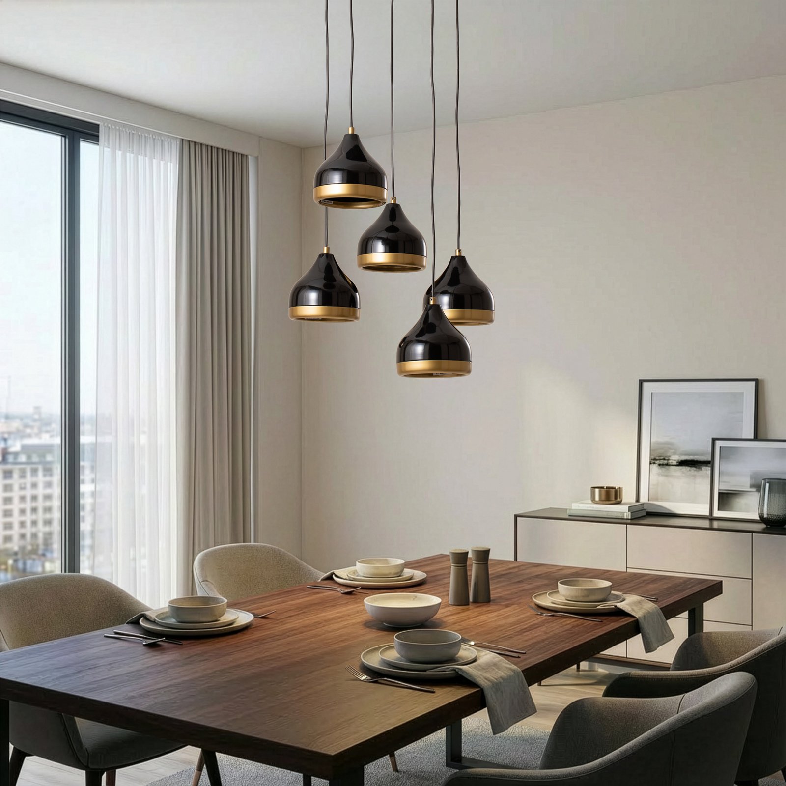 Hengelampe Yildo, 5 lyskilder, rund, svart/gull, Ø43 cm Hengelampe Yildo, 5 lyskilder, rund, svart/gull, Ø43 cm