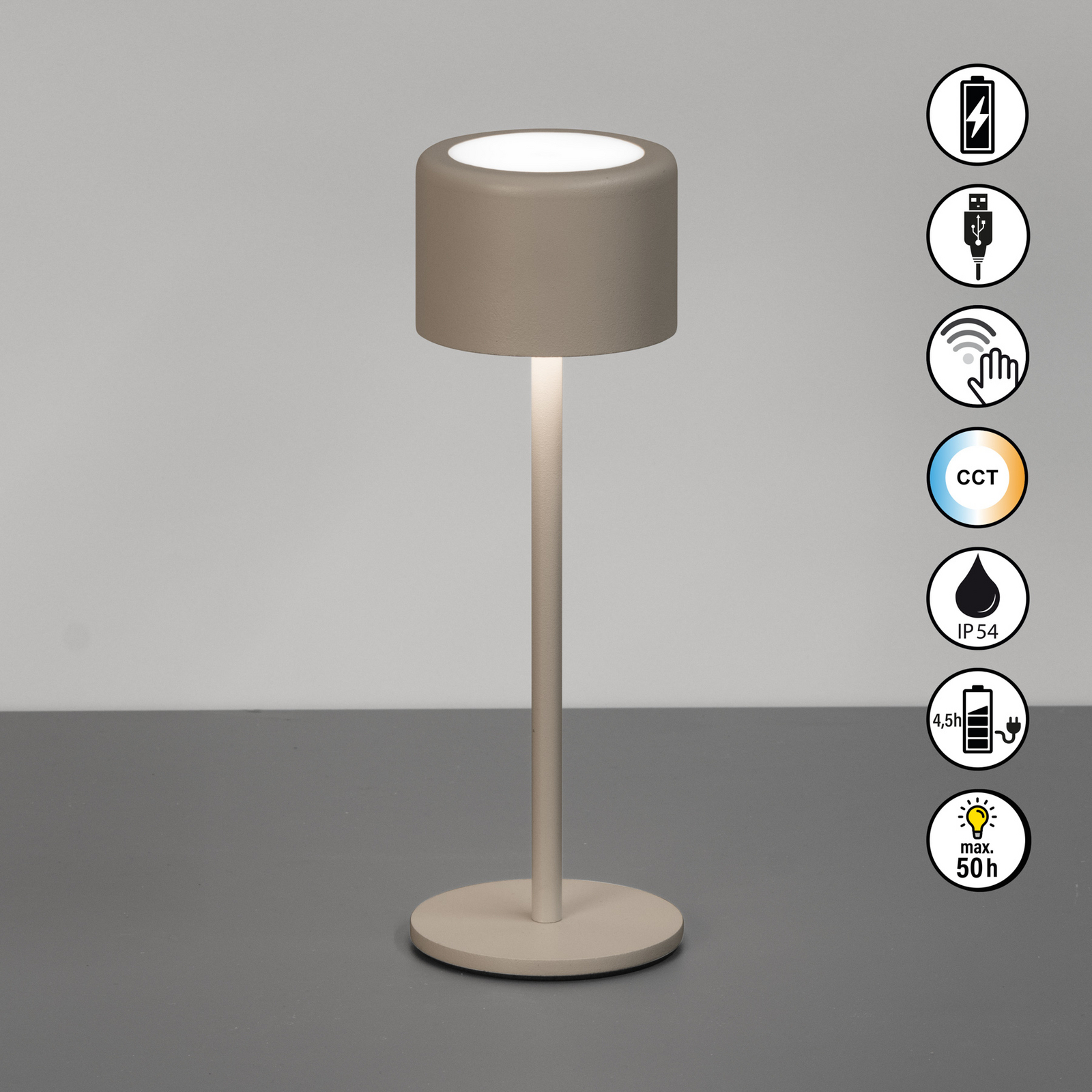 LED-Akku-Tischlampe Juna, grau-braun Höhe 25 cm Metall, IP54