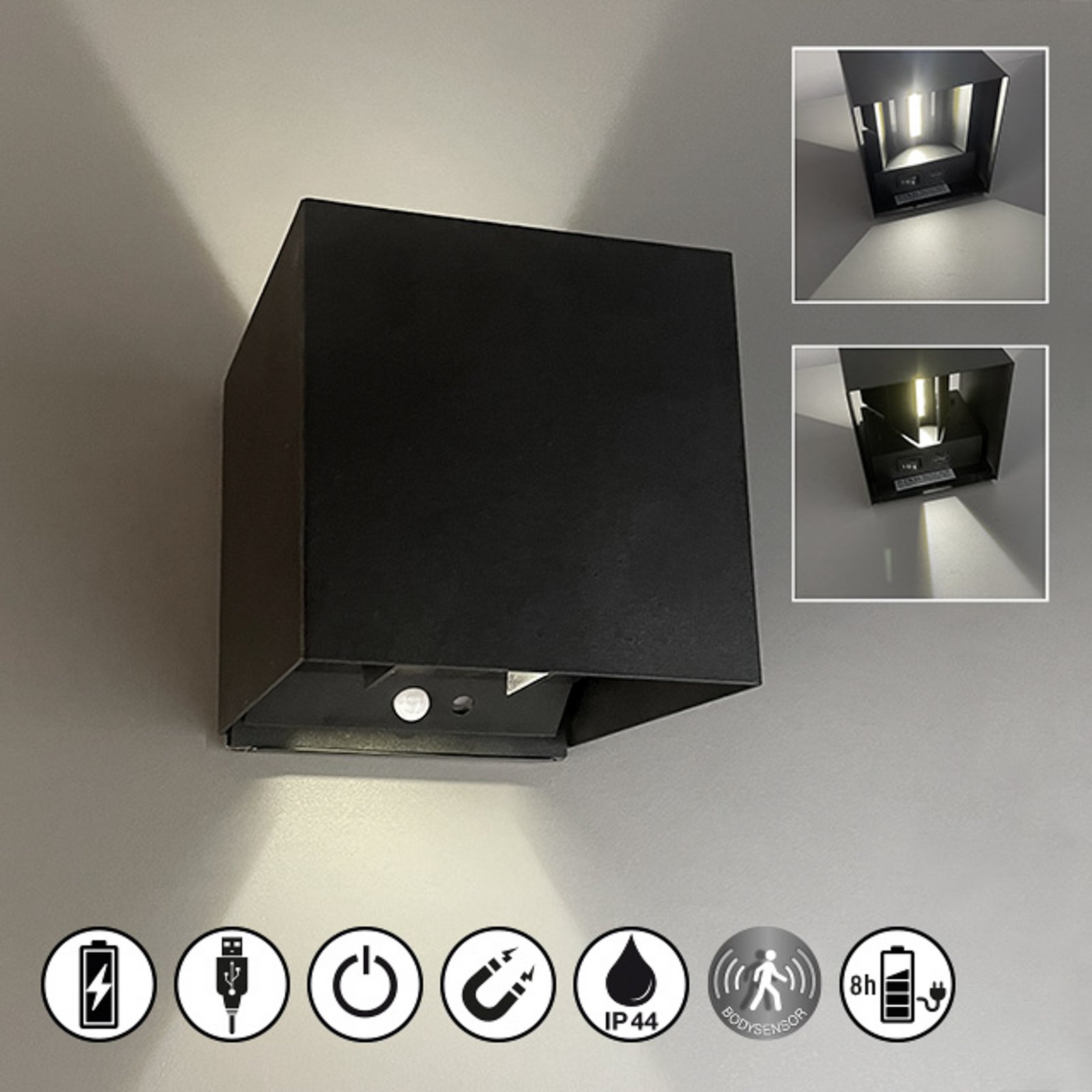 LED-Akkuwandlampe Magnetic, schwarz, 120°, up/down, Sensor