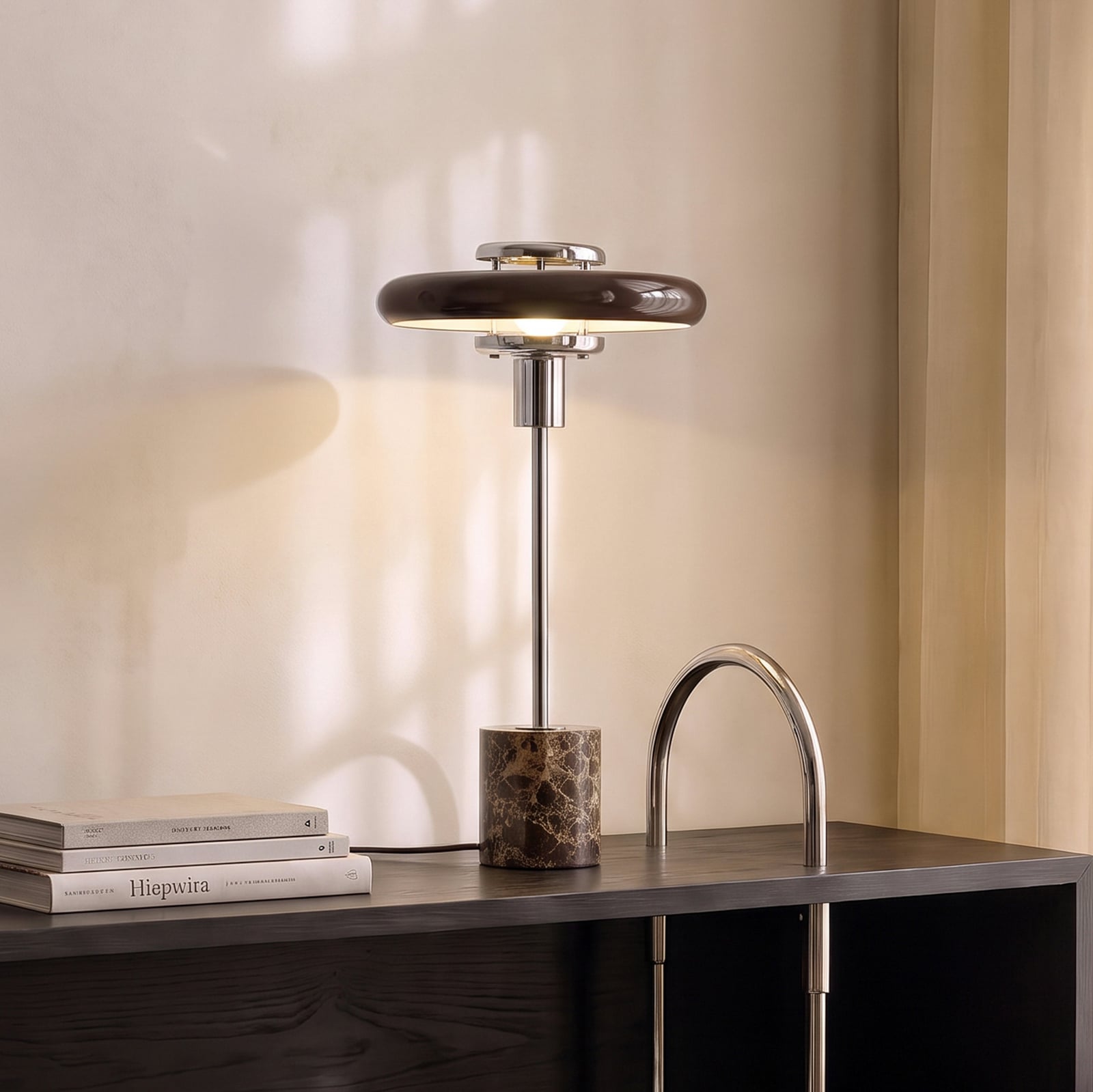 Lampe à poser Lindby Branford, style rétro, marron, verre/marbre