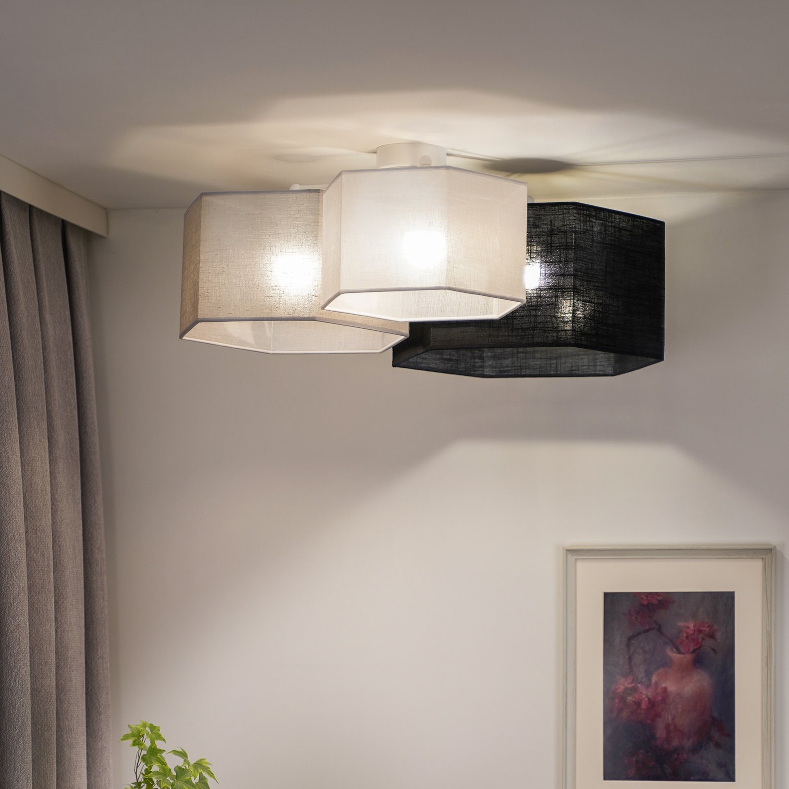Euluna ceiling lamp Emil, textile black/grey/white, 3-bulb