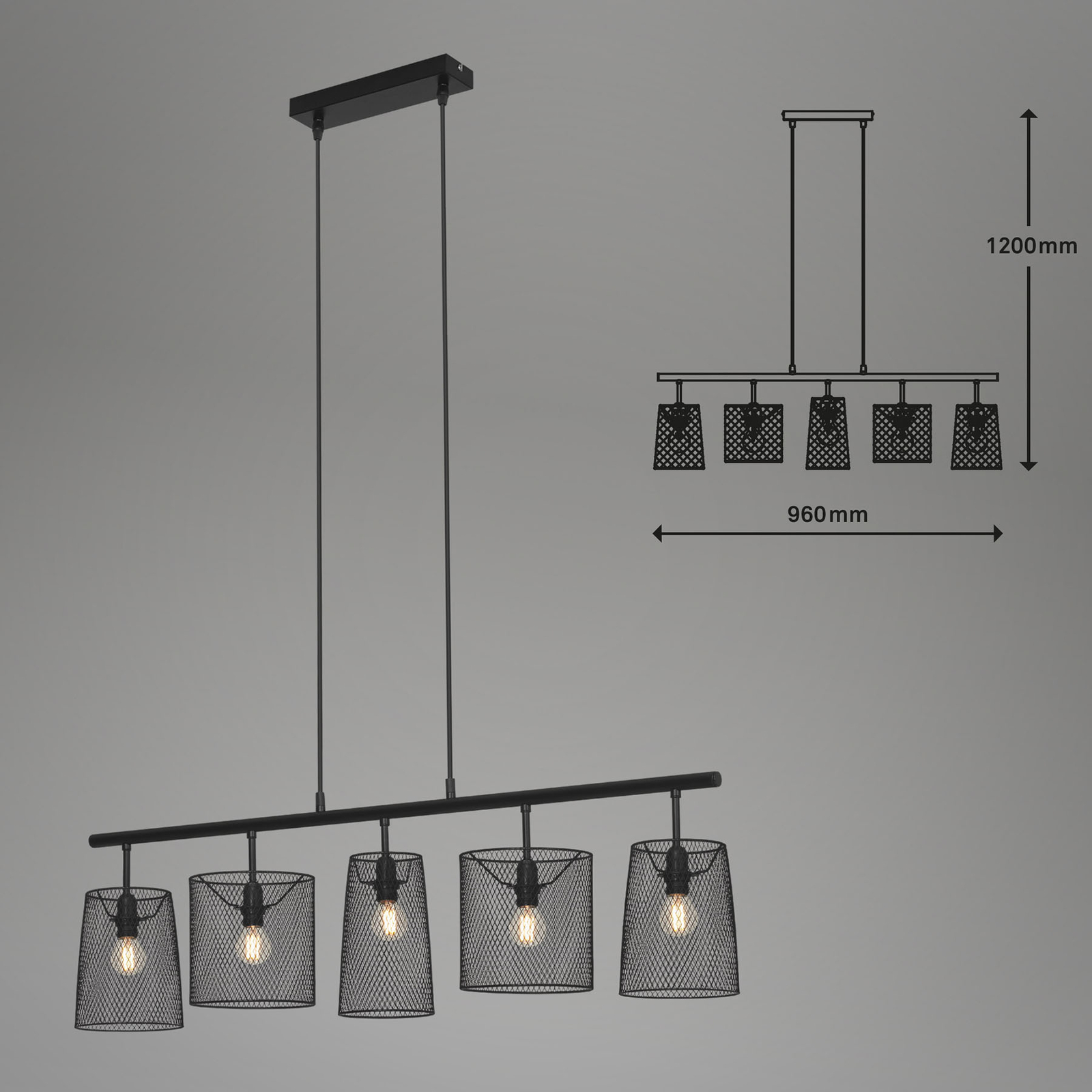 Retro hanging light, 5-bulb, black metal