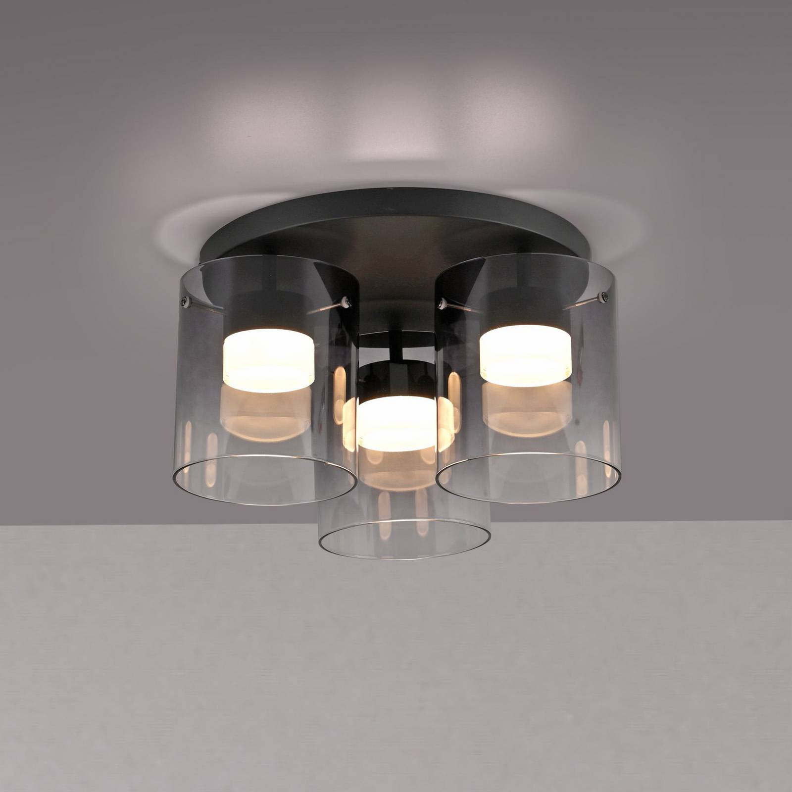 JUST LIGHT. lampa sufitowa LED Elio, szkło dymione, 3-punktowa, czarna