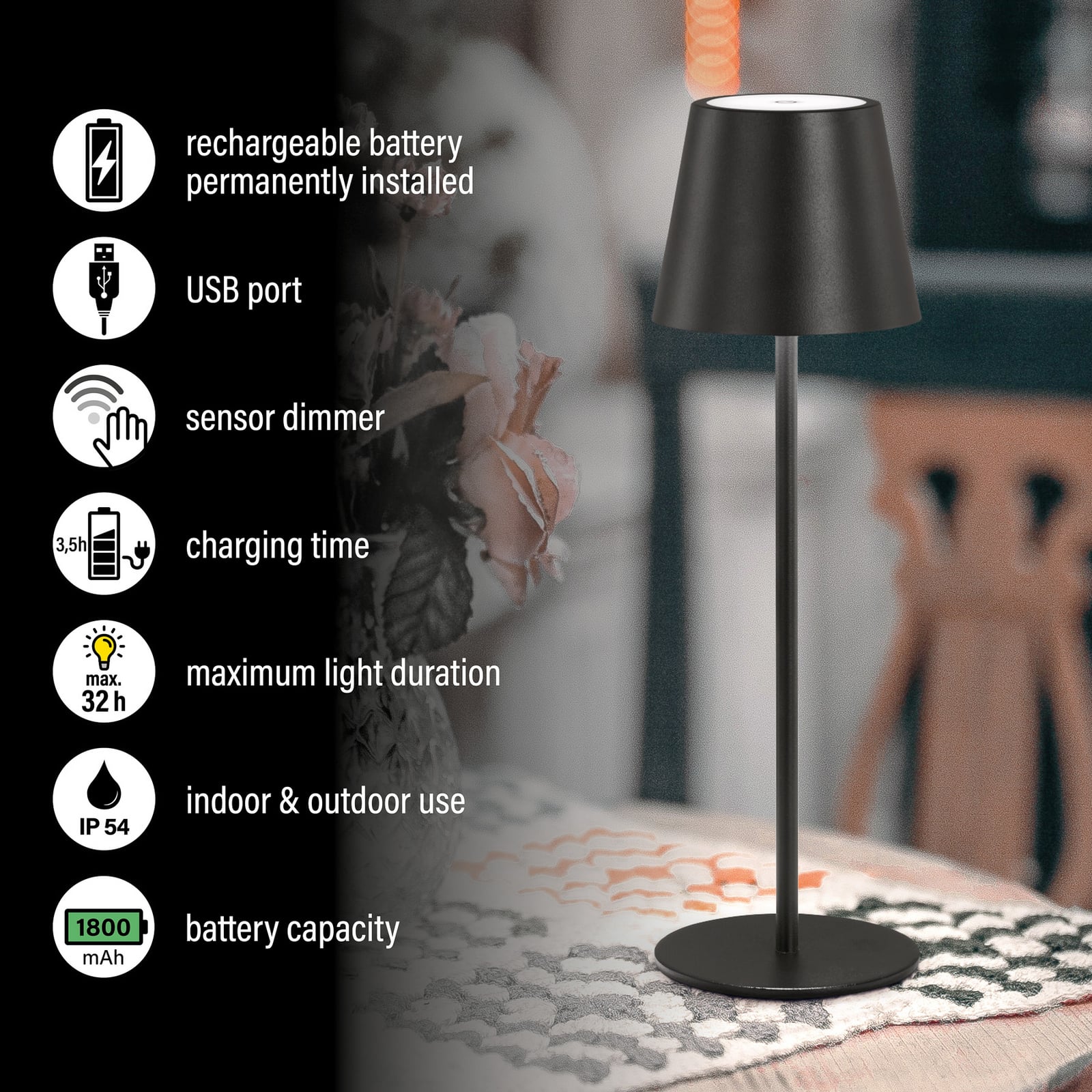 Lampe à poser LED rechargeable Viletto, noir, IP54