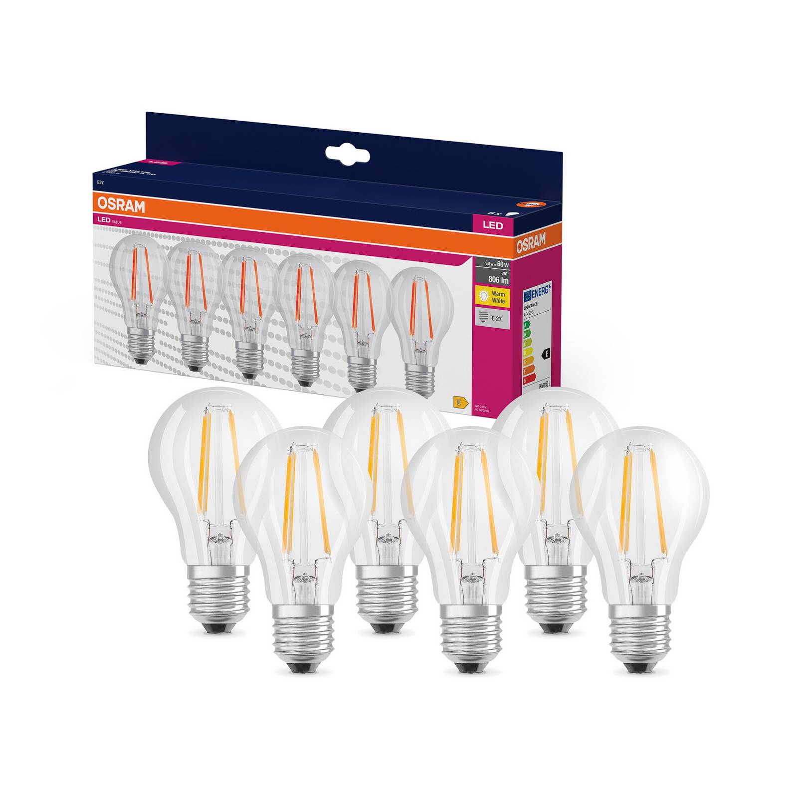 OSRAM LED-Leuchtmittel Birne Filament E27 7W 827 6er-Pack
