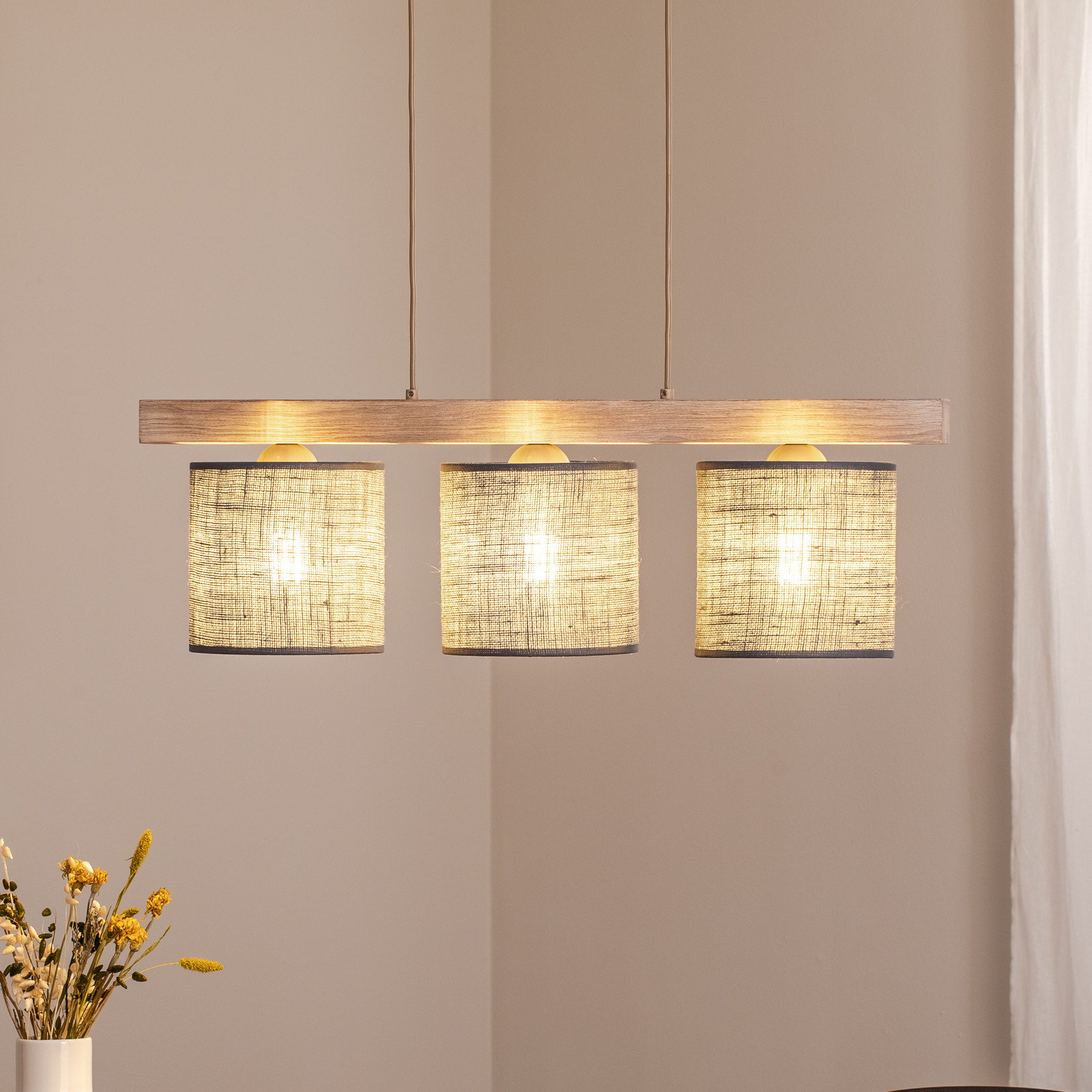 Duolla Lampă suspendată Forest 3 becuri lemn deschis iută gri - Camera de zi / sufragerie - gri maro deschis