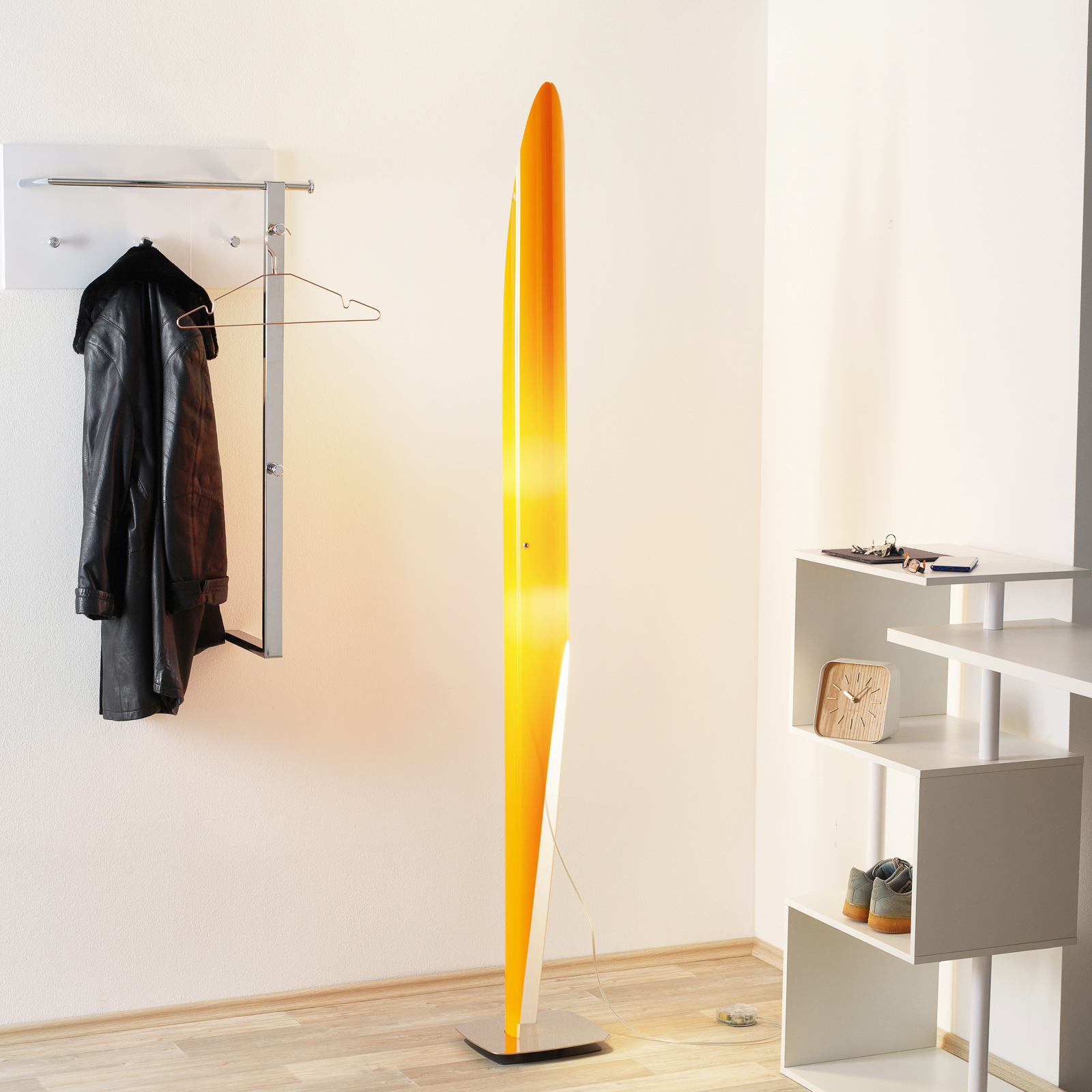 Kundalini Shakti chrome-plated floor lamp, orange, for Living / Dining Room, plexiglass, metal, E27, 21 W, energy efficiency: A++, H: 200 cm