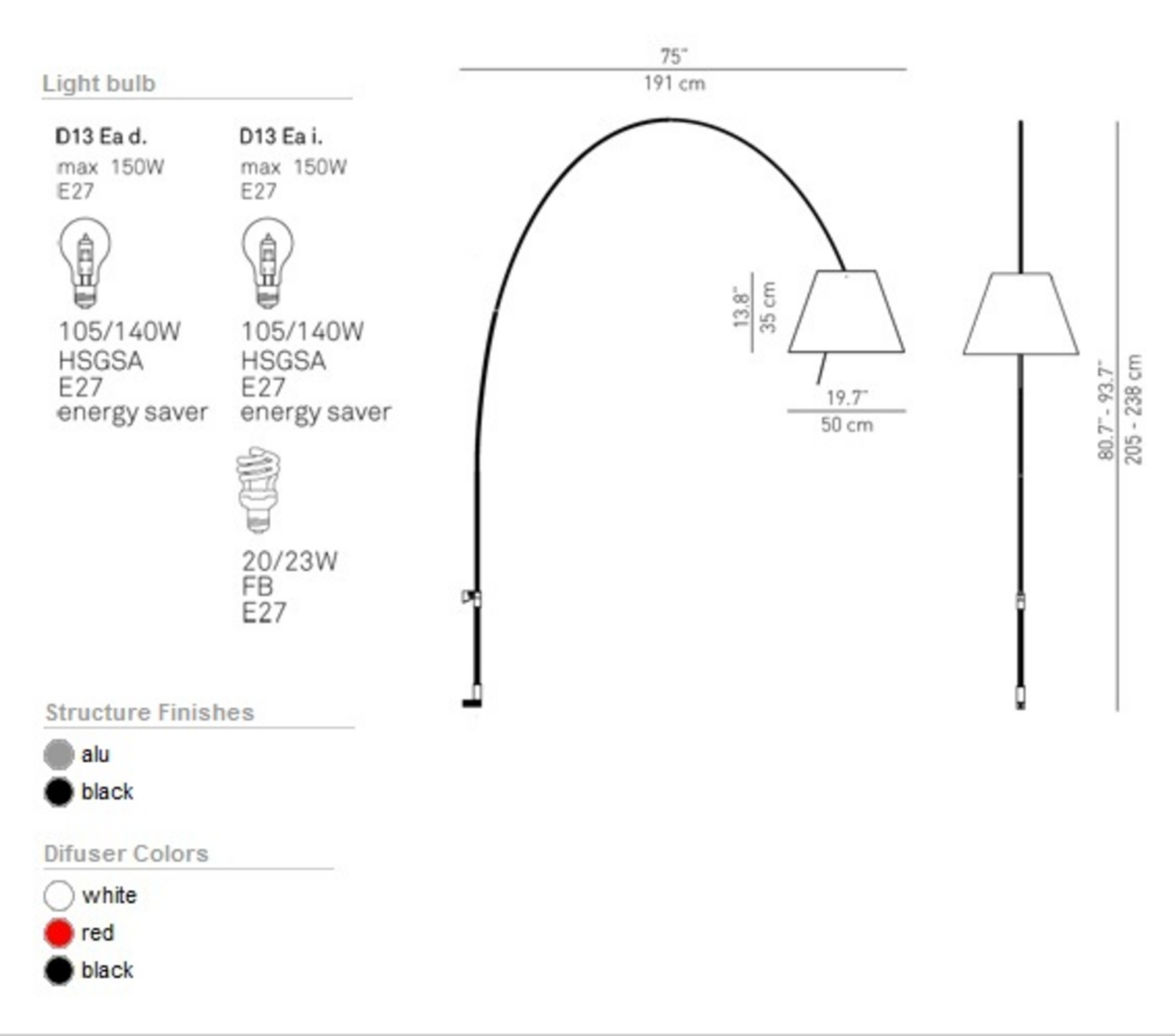 Lady Costanza Lampa Ścienna z Wyłącznikiem Czarna/Aluminium - Luceplan