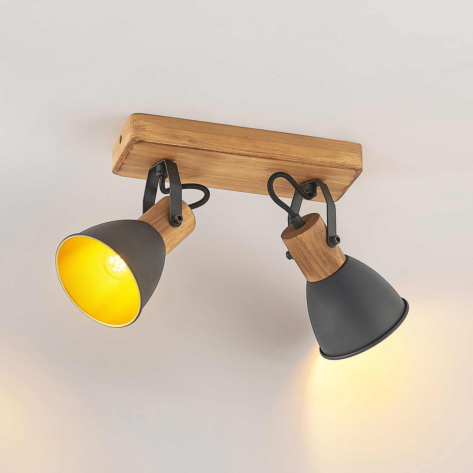 Lindby Merela spotlight, trä, svart, 2 lampor