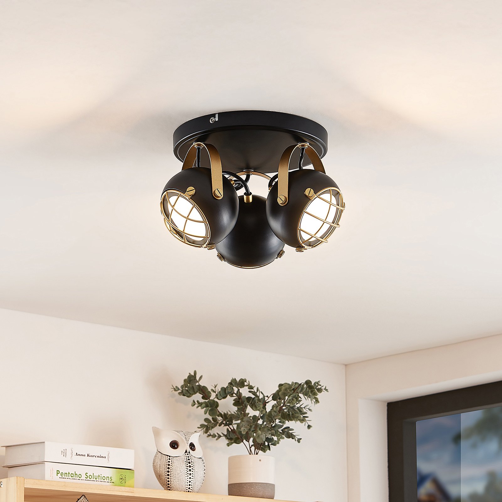 Lindby plafonnier Dawid, 3 lampes, noir, métal, GU10