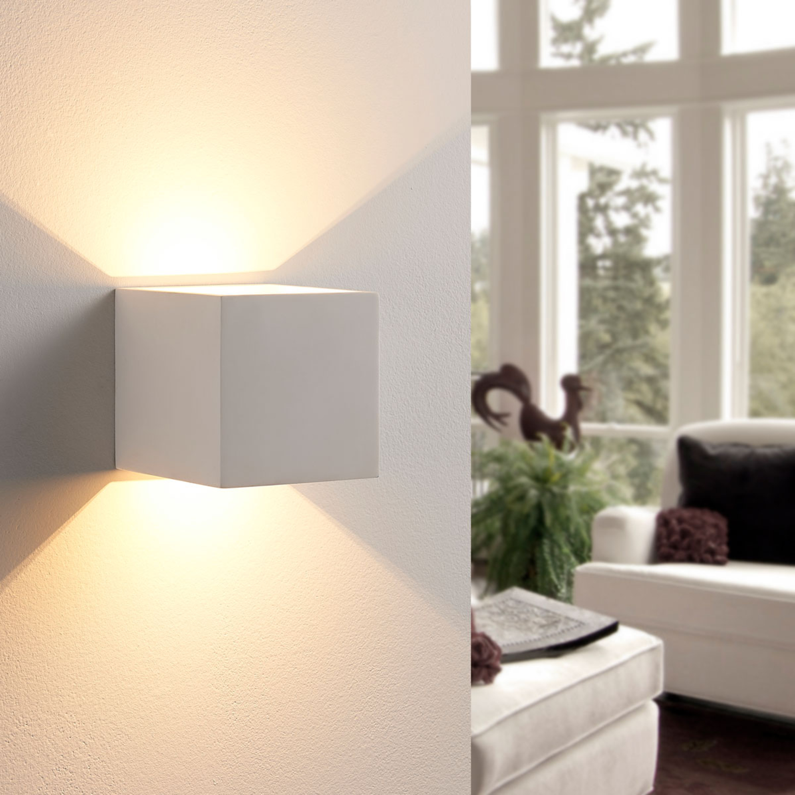 Lindby Cube-shaped LED wall lamp Kay made of plaster, for Living / Dining Room, plaster, 3 W, energy efficiency: A+, W: 11.5 cm, H: 11.5 cm