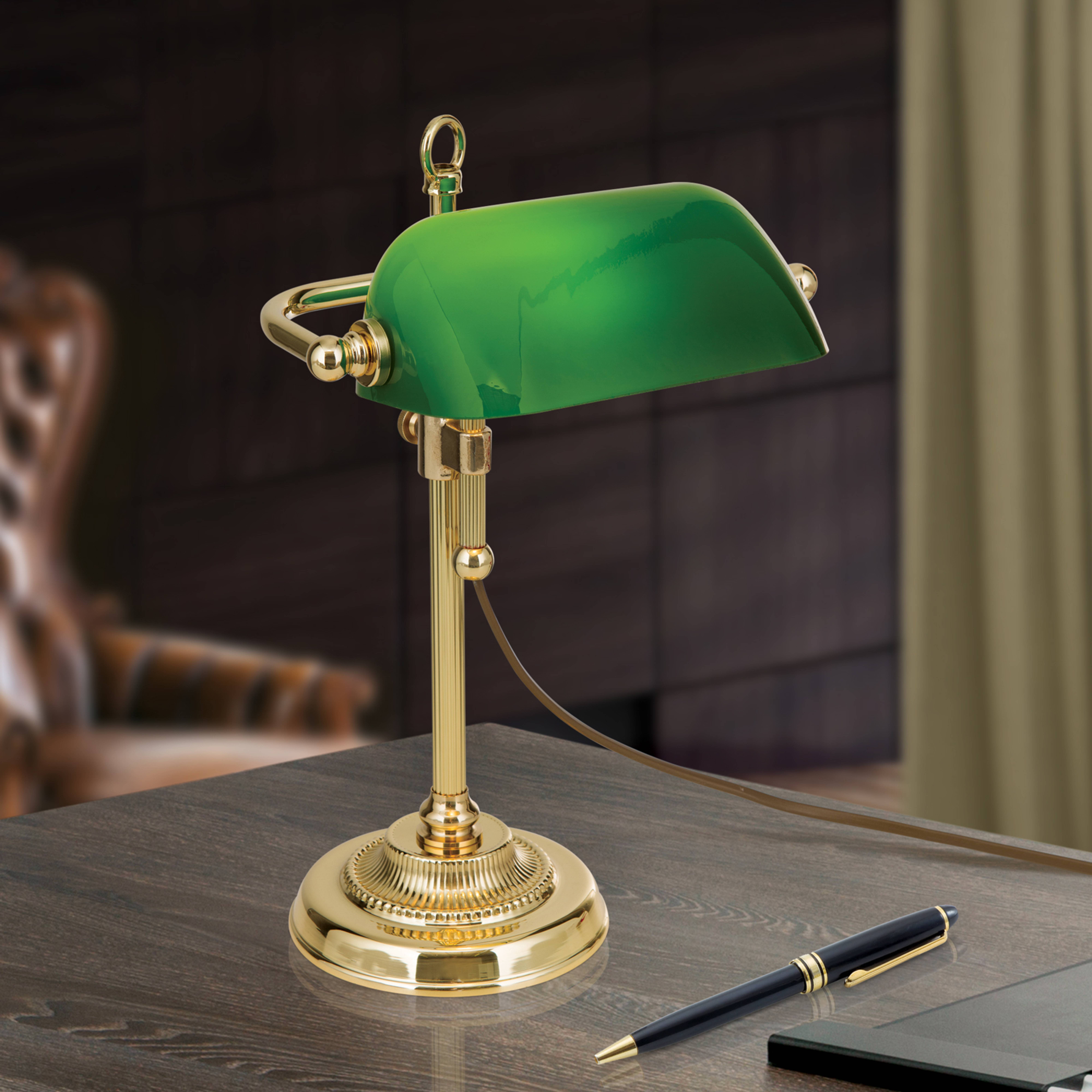 Lámpara banquera Harvard, latón/verde, alto 32 cm
