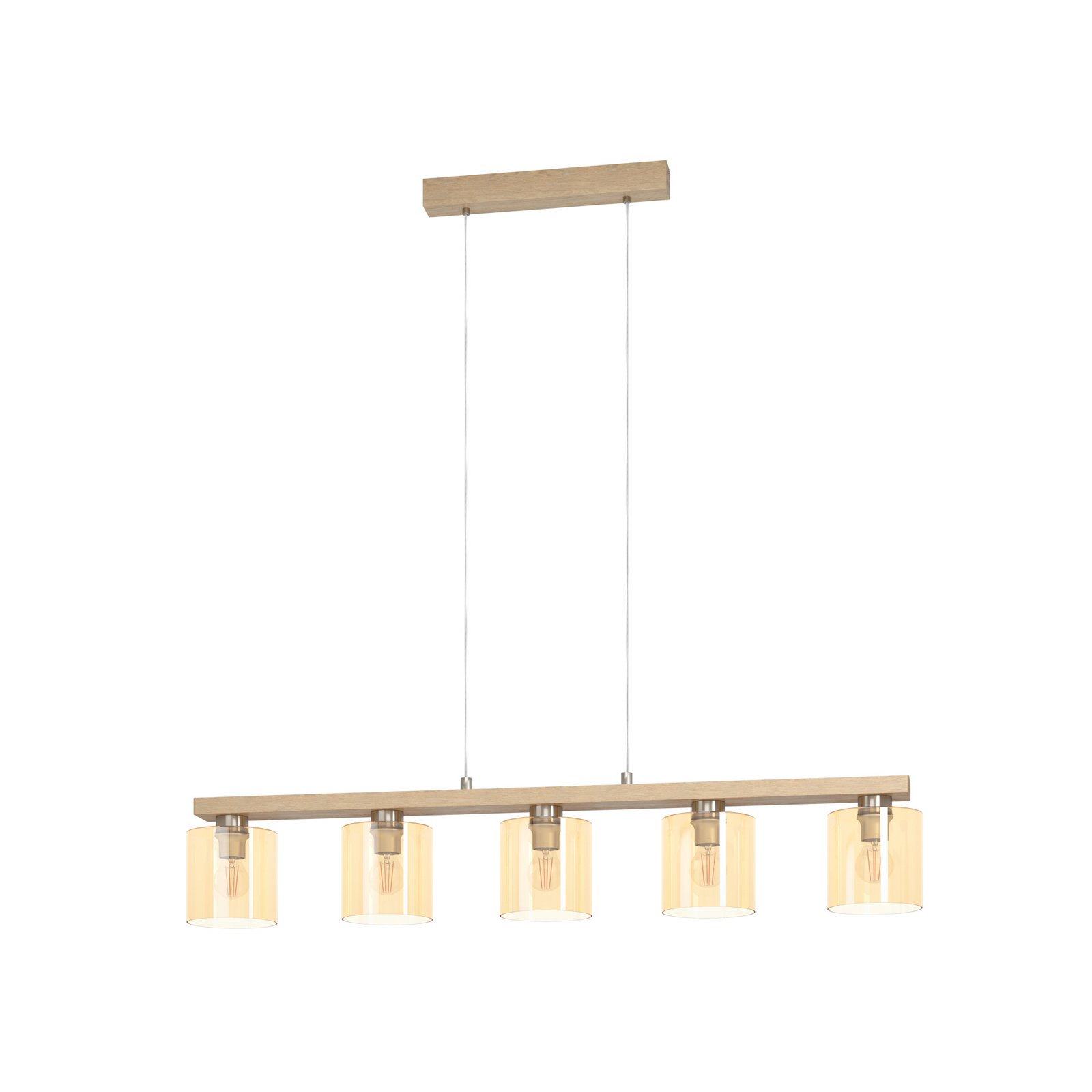 Lampa wisząca Castralvo, długość 115 cm, drewno/bursztyn, 5-punktowa, szkło