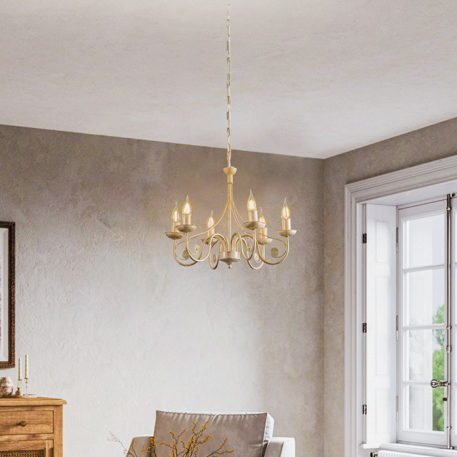 Lamkur Candelabru Ayleen cu 6 becuri 1 nivel alb - Camera de zi / sufragerie - Antichitate - alb auriu - Metal