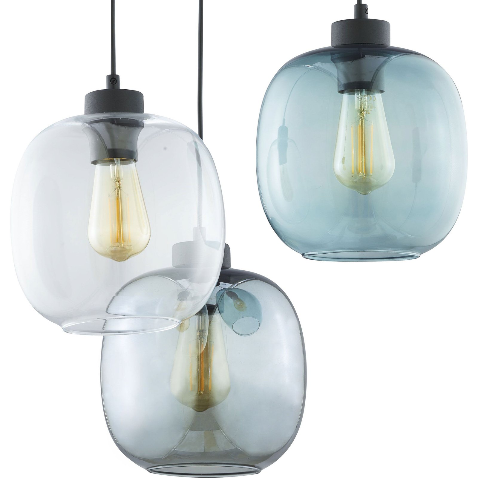 Elio pendant light, glass, blue/clear/grey, Ø 52 cm, 3-bulb