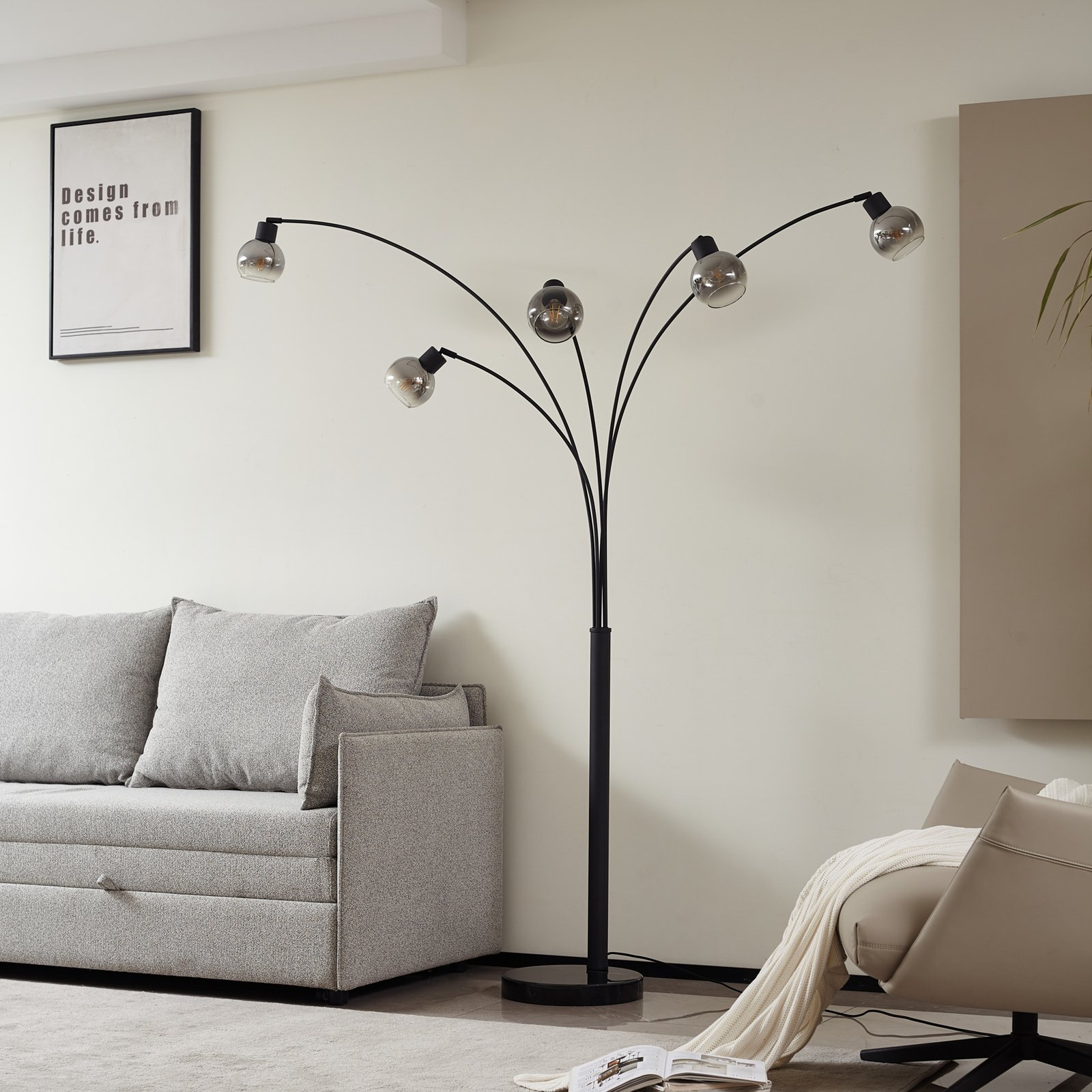 Lindby lampadaire Braccio, gris/noir, verre, 5 lampes, 204,5cm