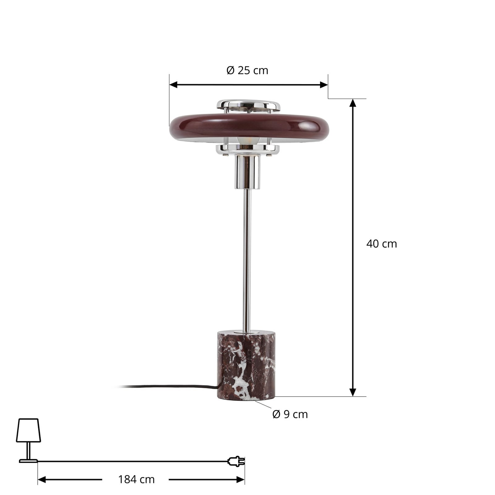 Lampada da tavolo Branford, bordeaux, vetro/marmo, stile retrò - Lindby