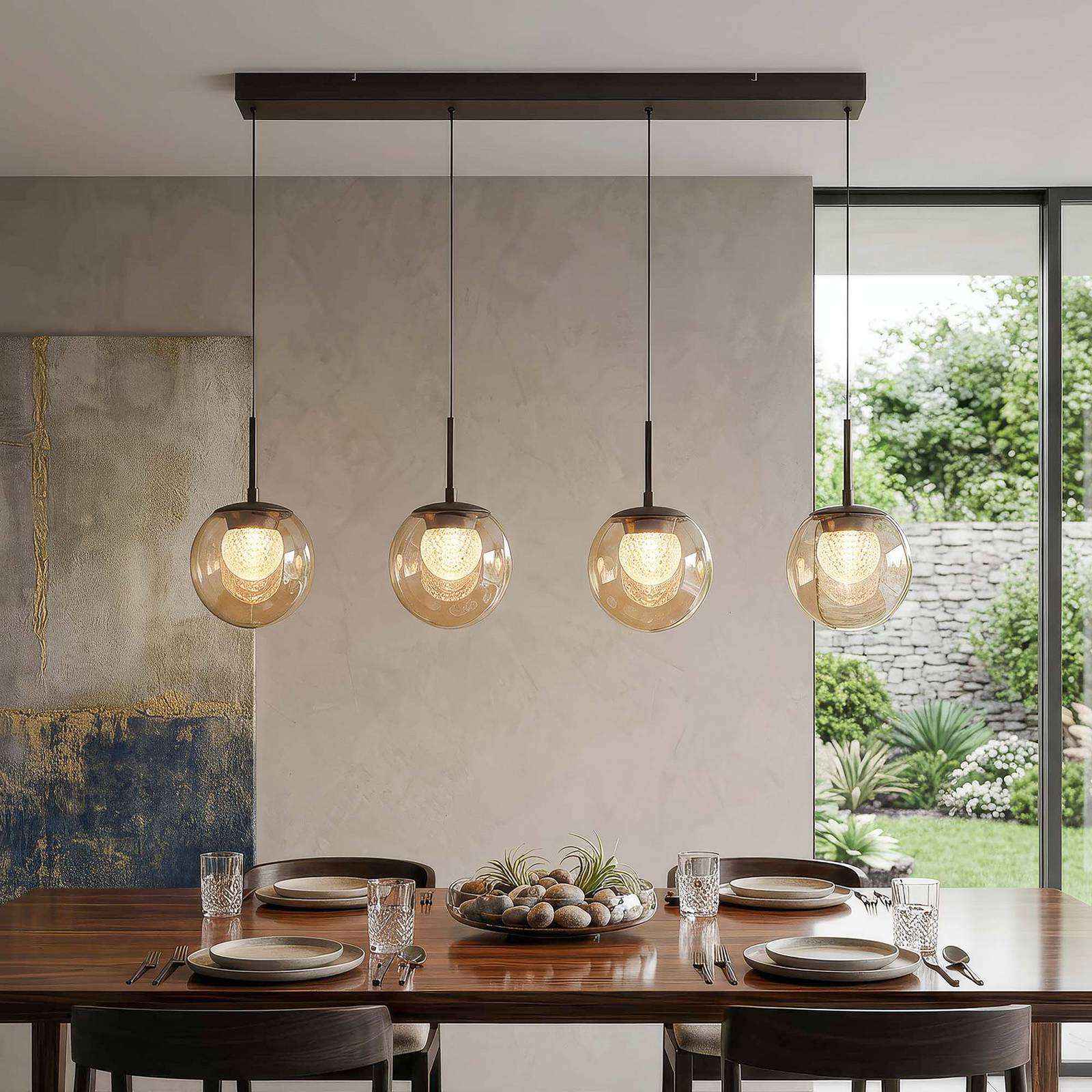Searchlight LED hanglamp Solis, 4-lamps, lang, brons, glas, 2.700 K