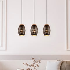 Lampada a sospensione Bidar, lunghezza 71 cm, nero-oro, a 3 luci, metallo