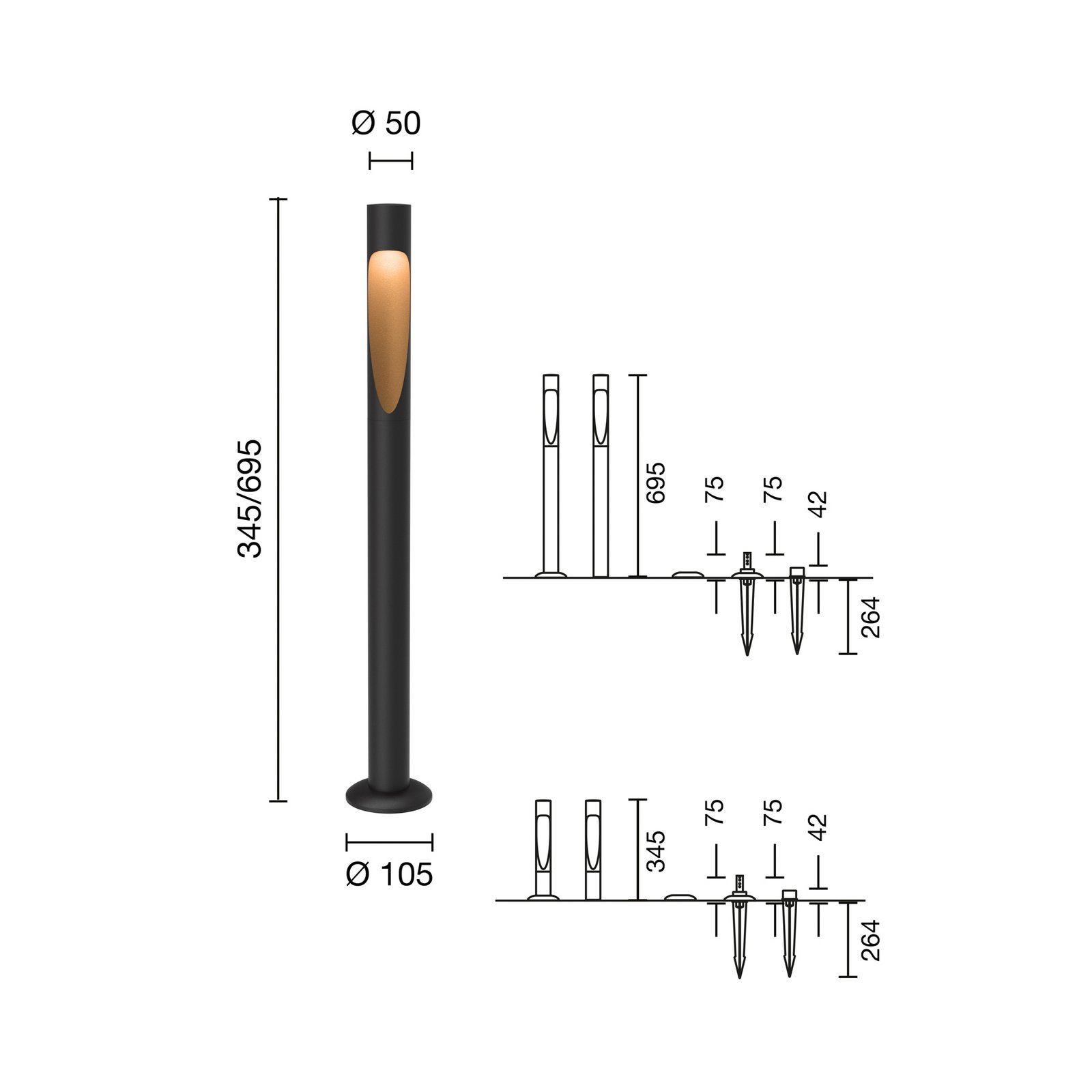 Louis Poulsen ceļa apgaismojums Flindt, 940 melns 70 cm pamatne 24 V