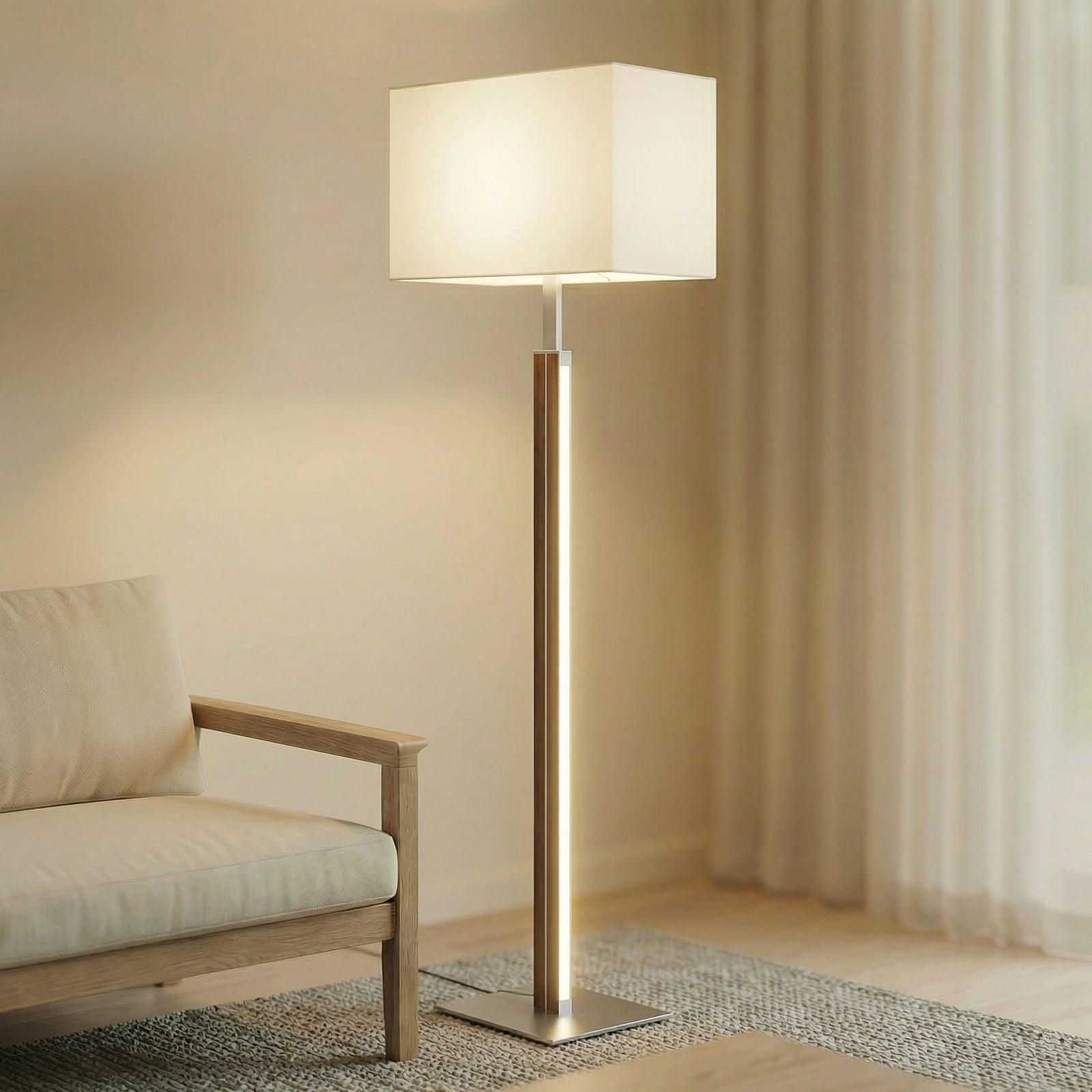 Quitani LED-gulvlampe Lisene, valnøtt/sølv/natur 162 cm, dimbar