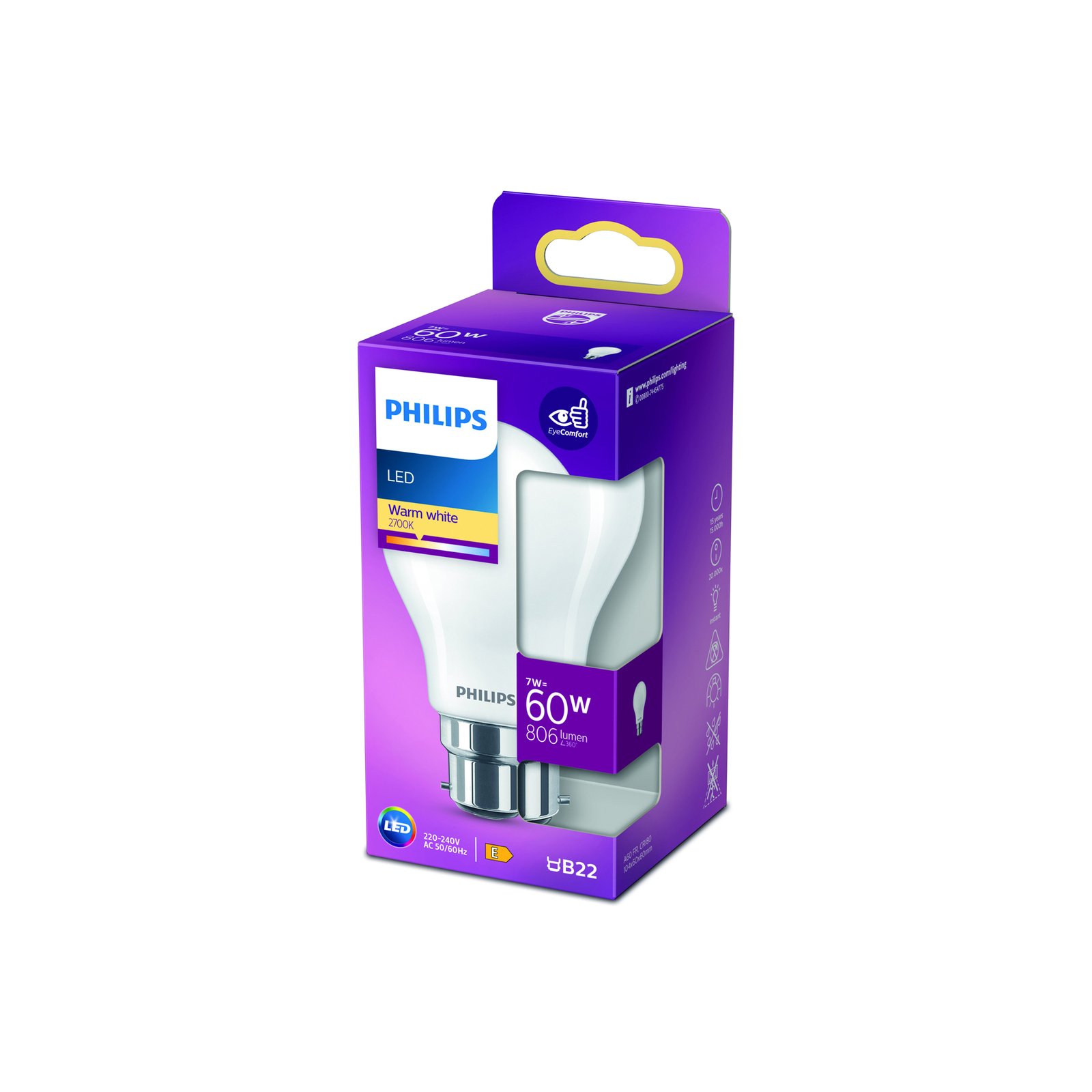 Philips bombilla LED Classic B22 A60 7W 2700K mate