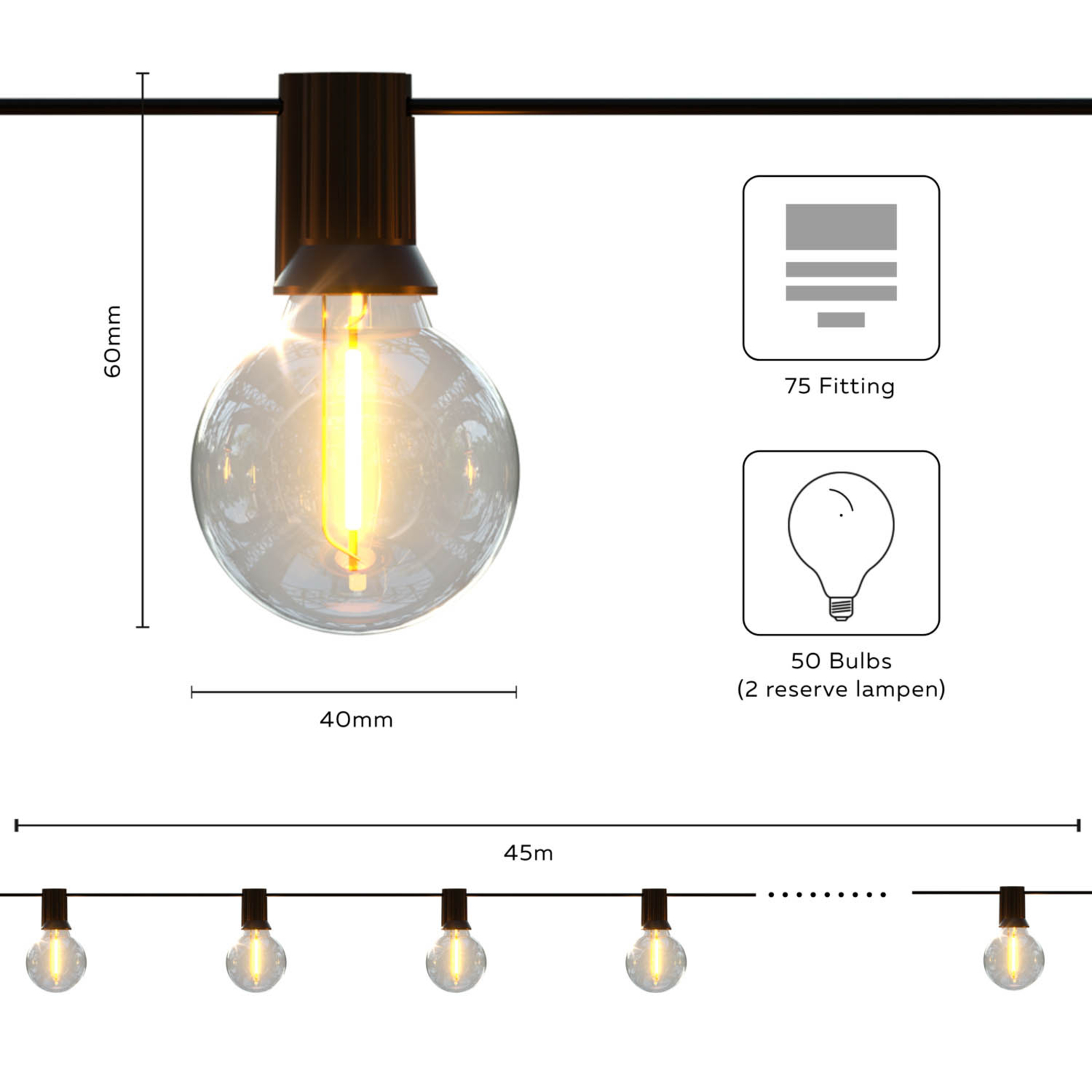 Calex lichtketting Vibey Outdoor, lengte 45 m, 75-flg.