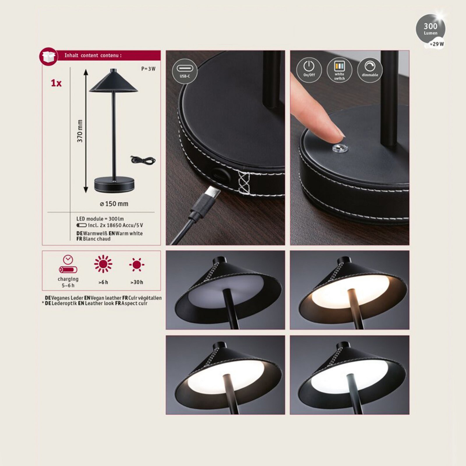 Lampa de masă cu LED și baterie Paulmann Pellini, negru 37 cm dimabil CCT