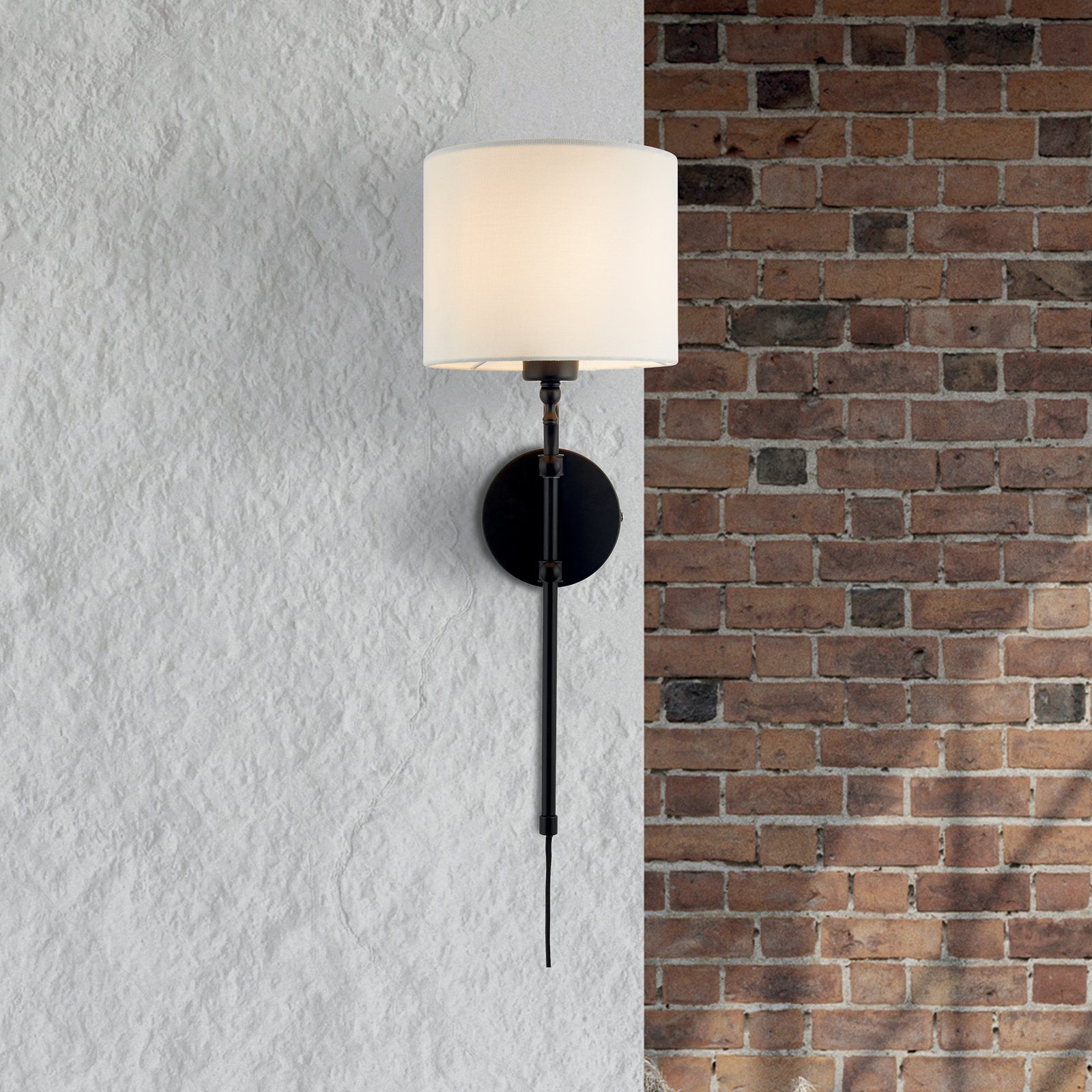 Wall lamp Munich, plug, black/white, linen, adjustable