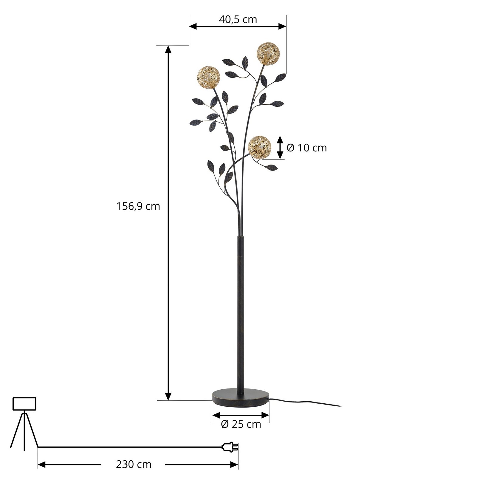 Stojacia lampa Lucande Evory, 160 cm, 3 svetlá, čierna/zlatá, G9