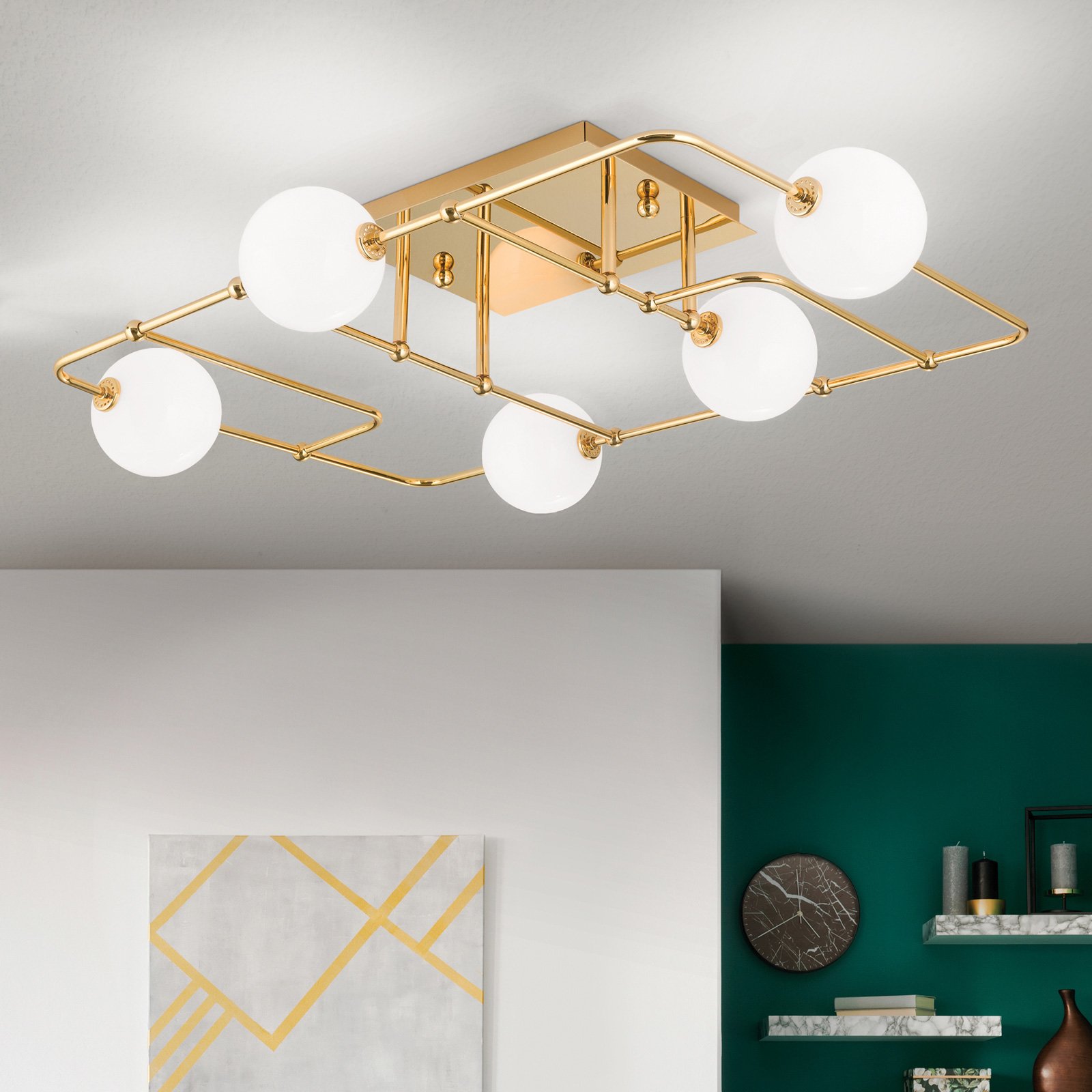 LED-taklampa Pipes i guld med glaskulor