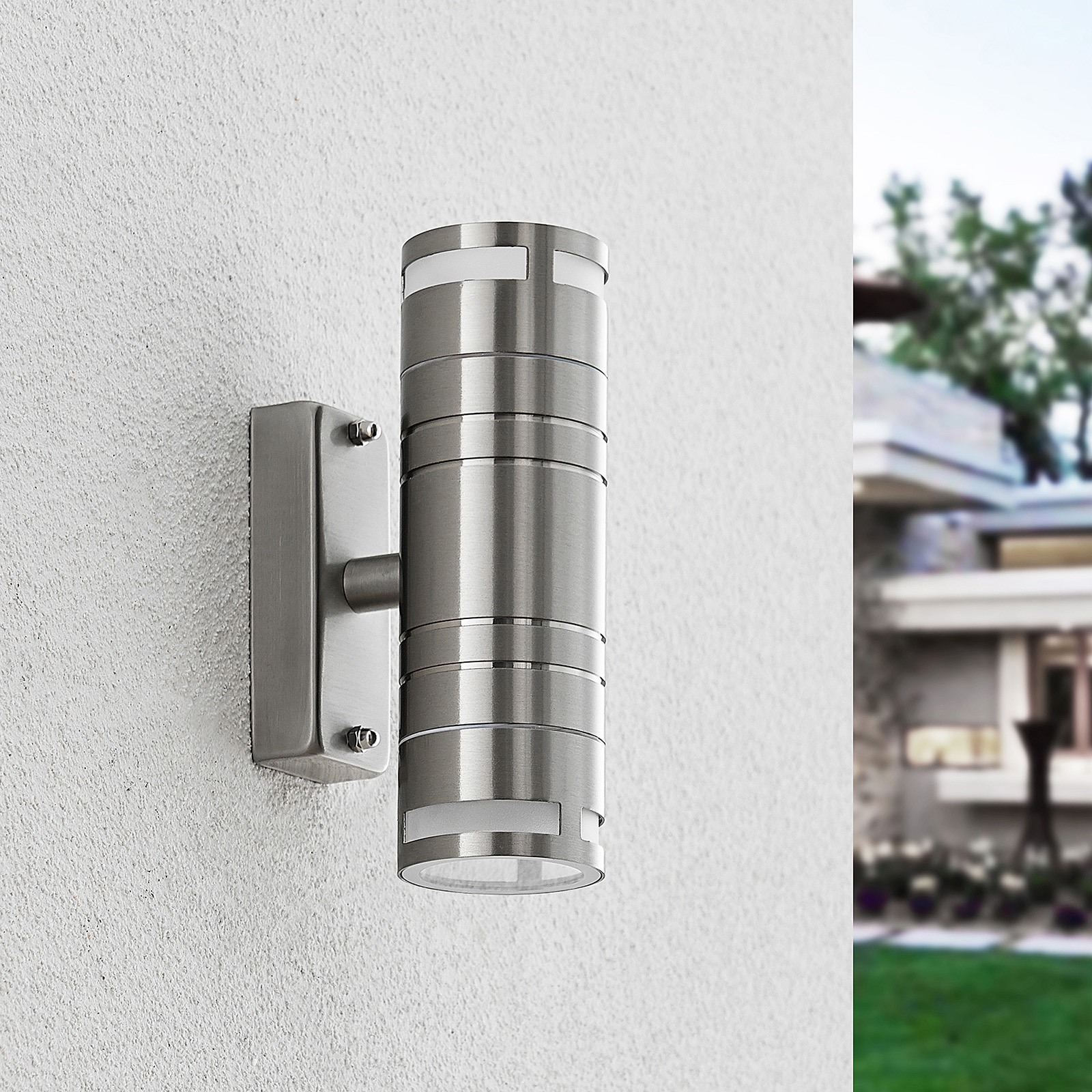 Lindby Catalin outdoor wall light, 2-bulb, stainless steel, glass, GU10, 35 W, energy efficiency: A++, W: 6 cm, H: 17.5 cm