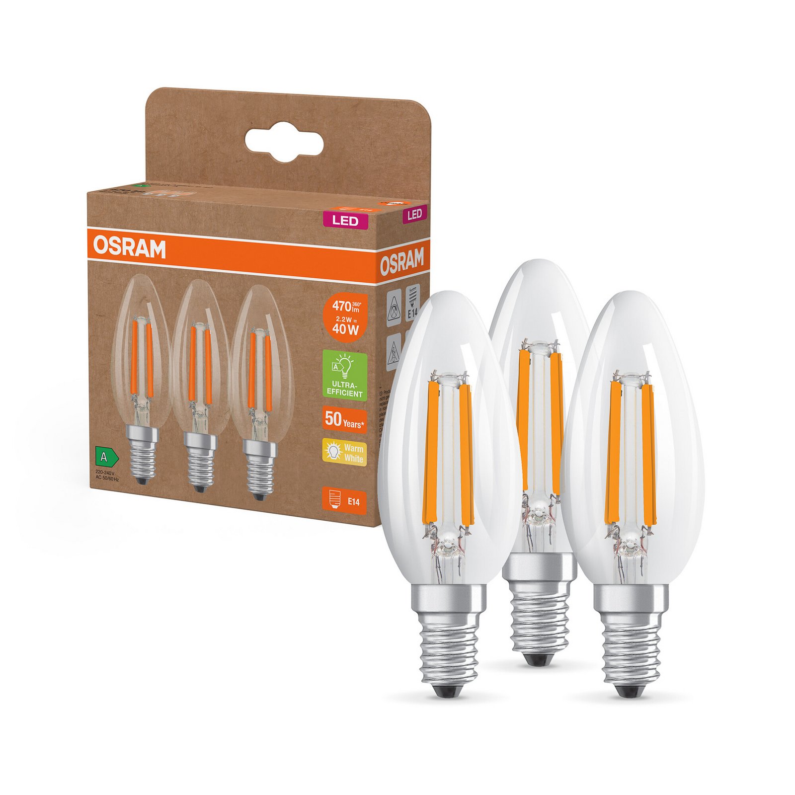 OSRAM LED-ljusstake E14 2,2W 827 energiklass 3-pack