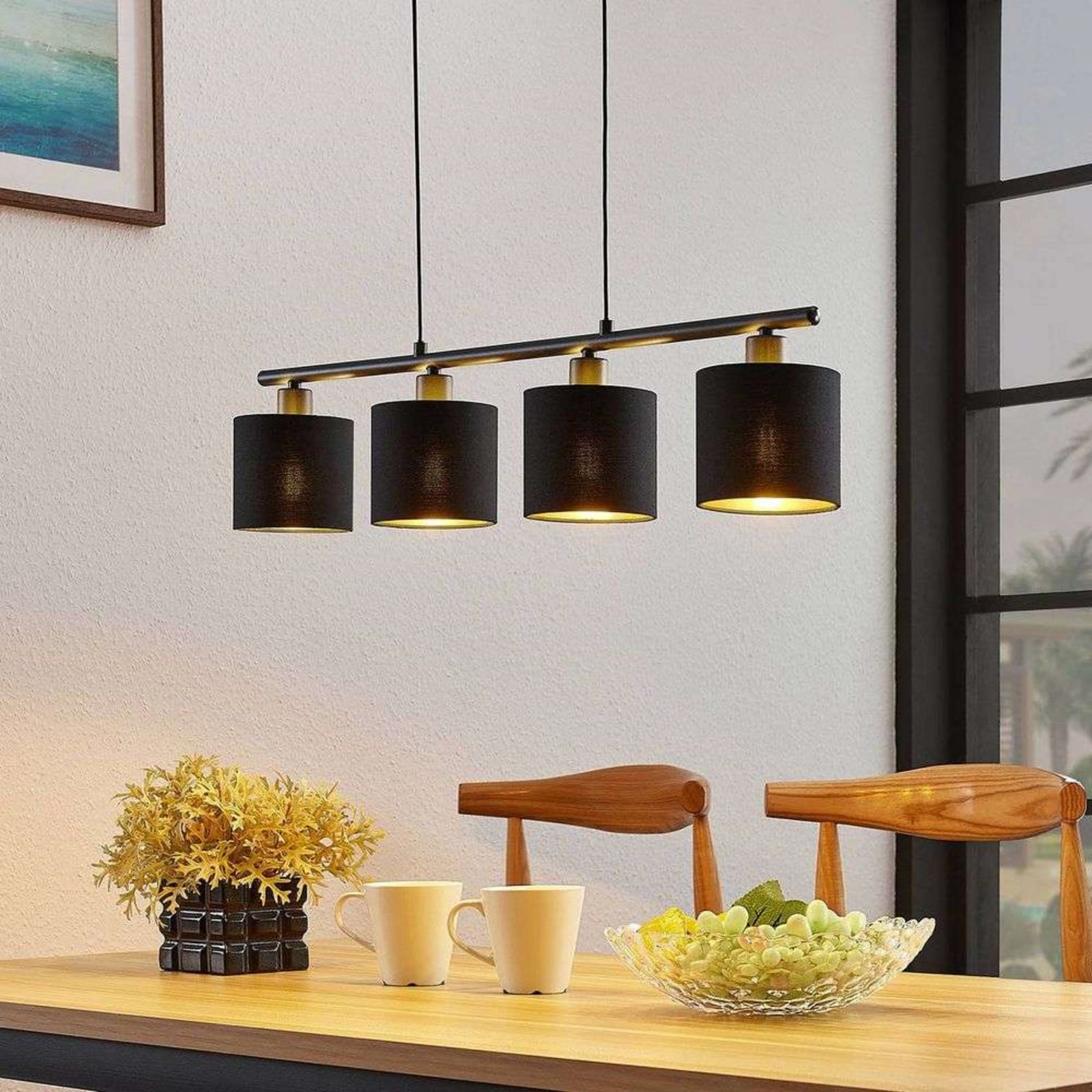 Lindby Lampă suspendată cu bară din țesătură Vasilia în negru și auriu - Camera de zi / sufragerie - Modern - negru auriu - Țesătură / Textil