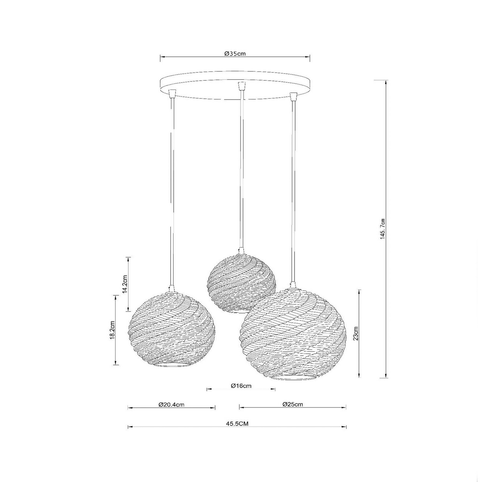 Pendellampe Bina, Länge 45 cm weiß/schwarz, Porzellan 3-flg.
