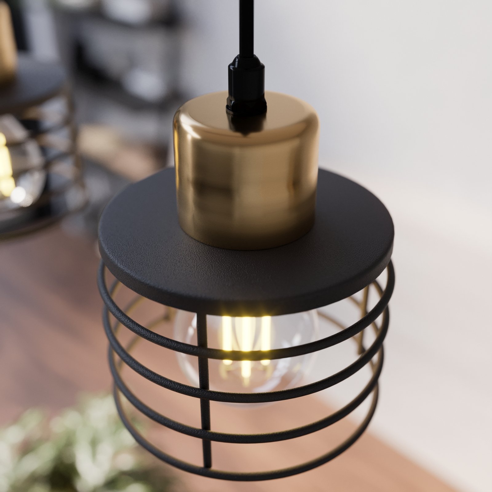 Висяща лампа Едисон в черно/мед, 3-светлинна
