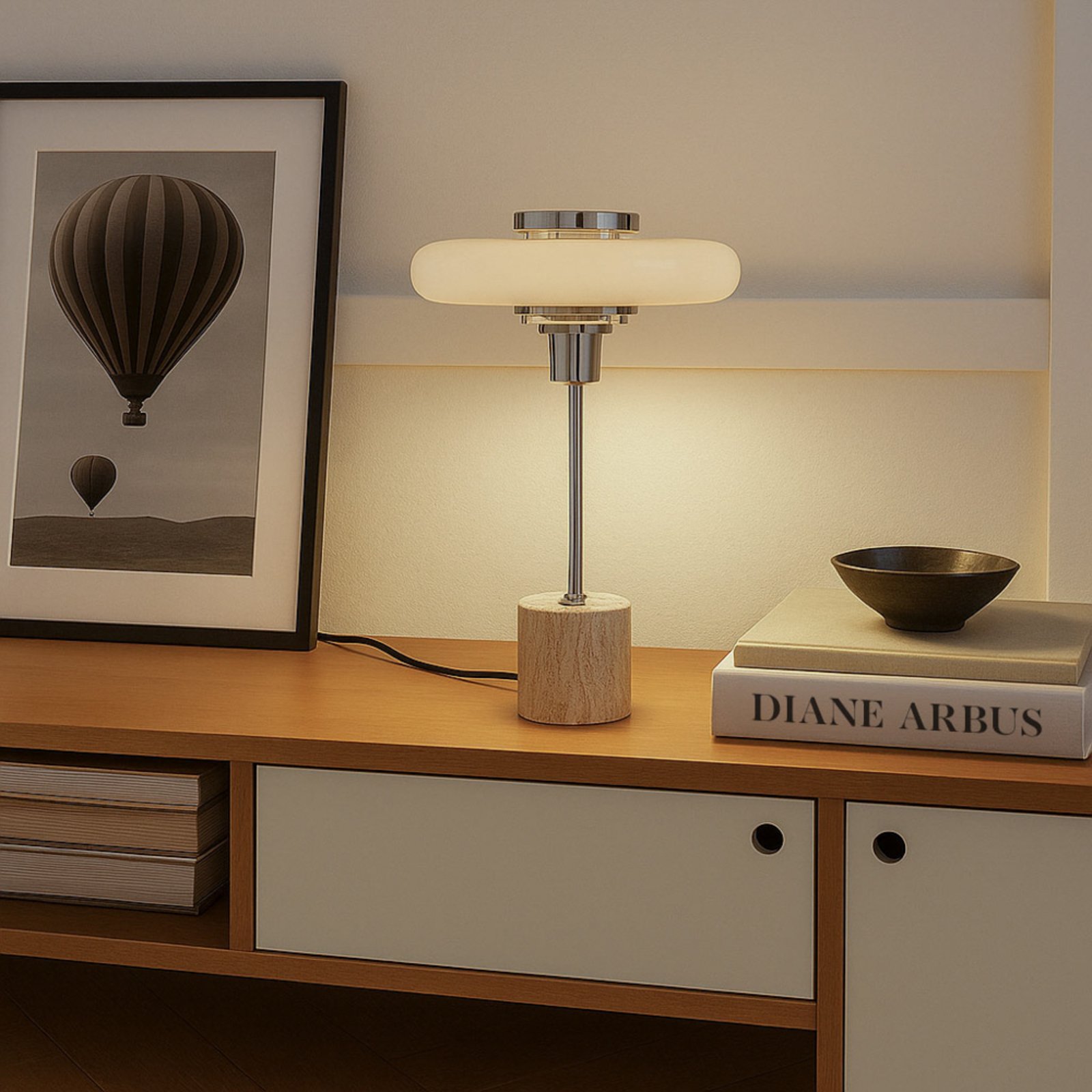 Lindby Tischleuchte Branford, Retro, beige, Metall/Travertin