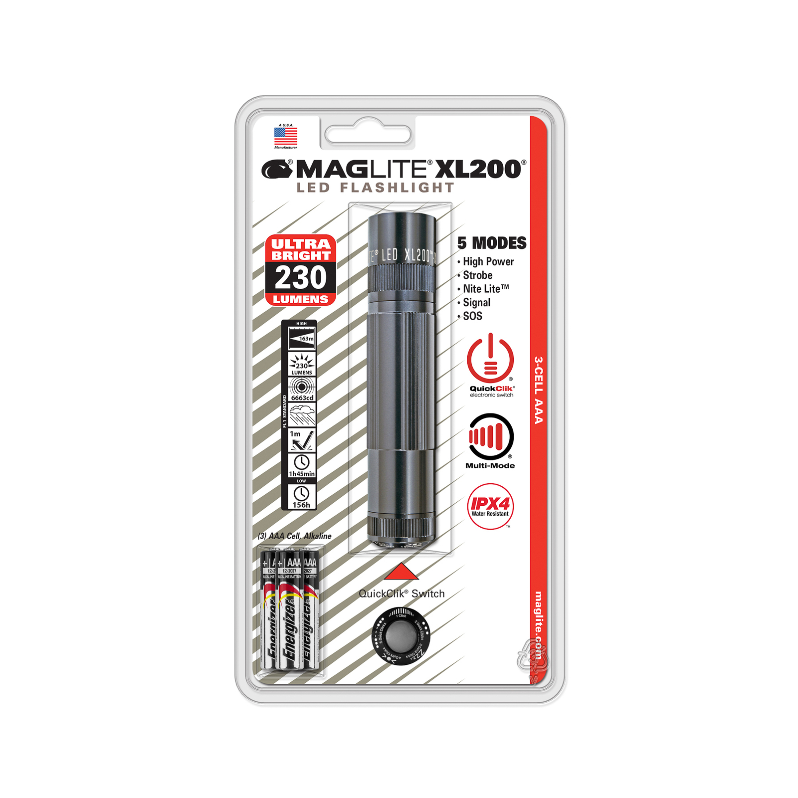 Maglite LED taskulamppu XL200, 3-kennoinen AAA, harmaa