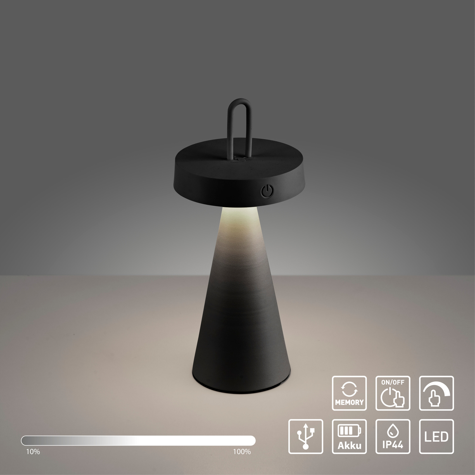 JUST LIGHT. Alwa LED-es újratölthető asztali lámpa, fekete, vas, IP44