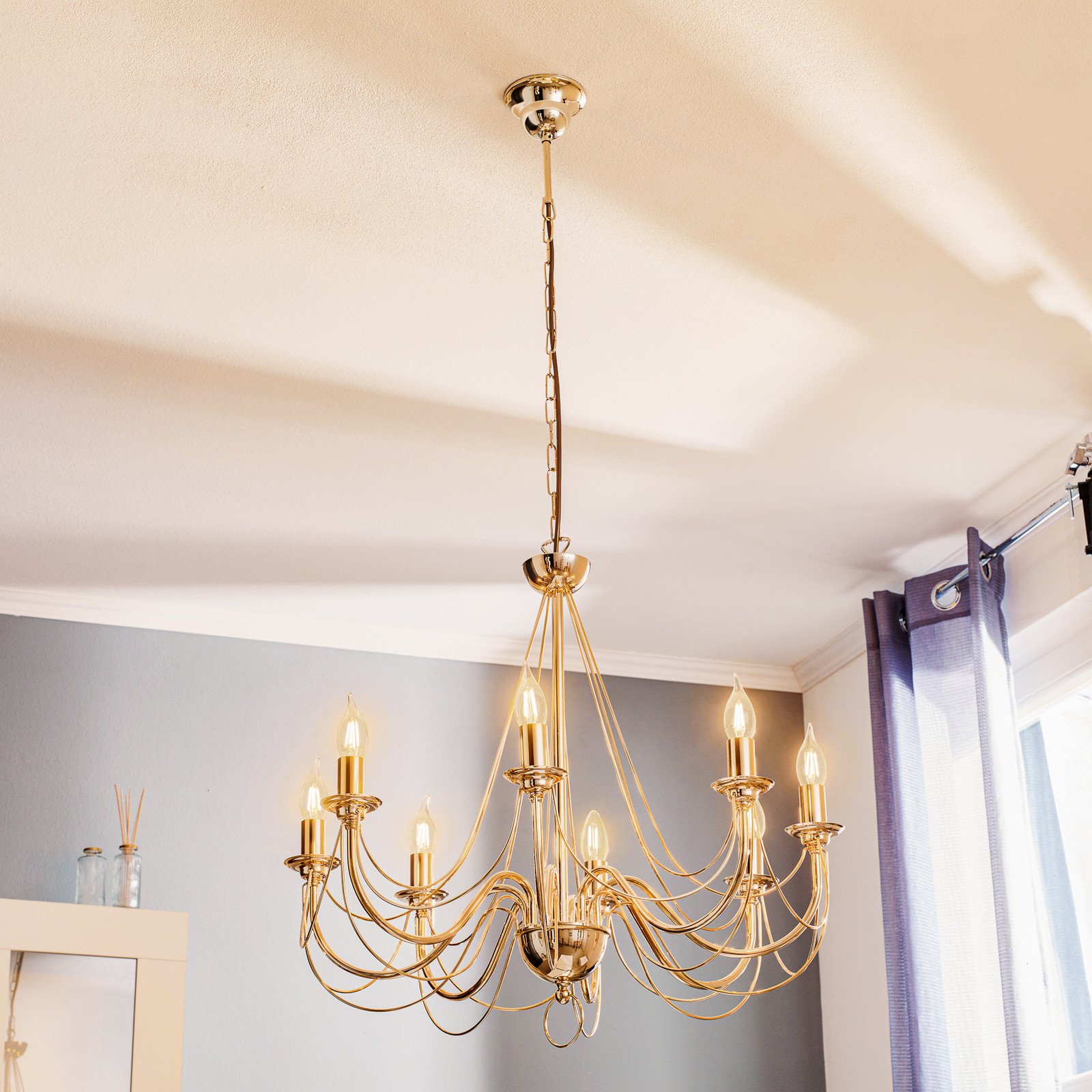 Domiluce Candelabru Retro auriu 8 becuri suspend. 120cm - Camera de zi / sufragerie - Metal
